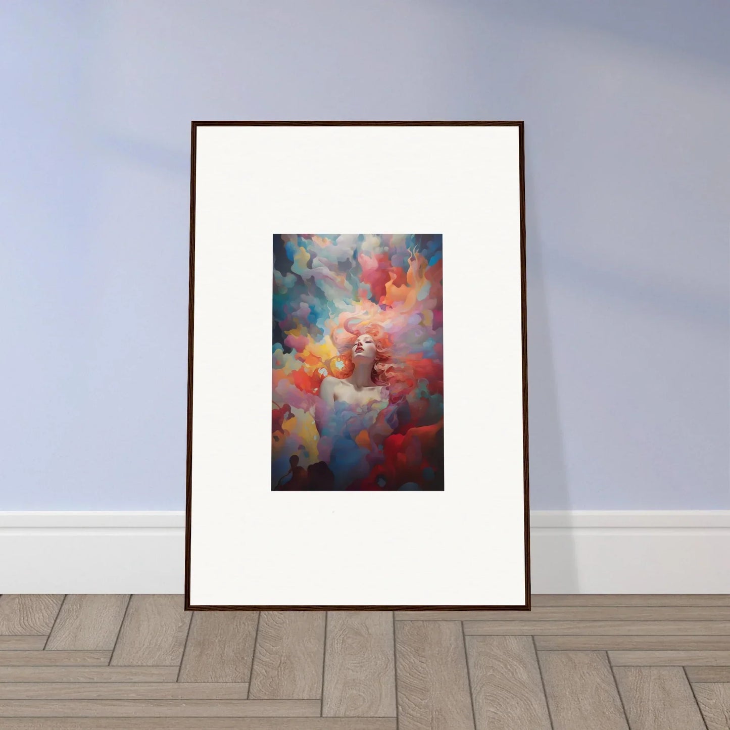 Vibrant swirls in a framed abstract painting perfect for room decoration or wall art