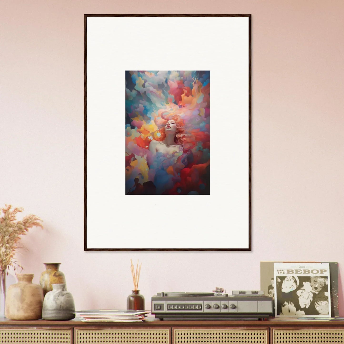 Vibrant abstract canvas print featuring a striking portrait for cool room decoration