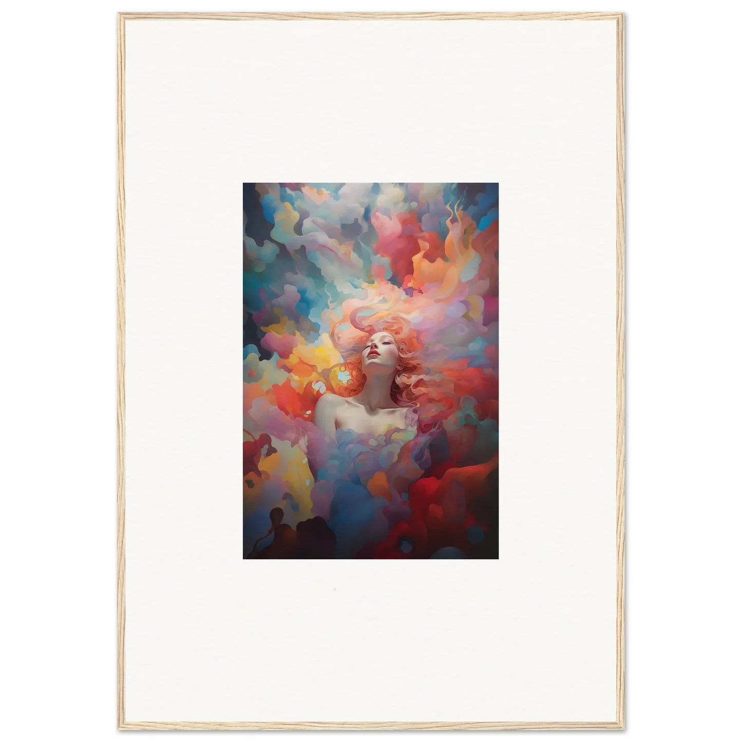 Colorful abstract canvas print of a figure in vibrant swirling clouds for room decoration