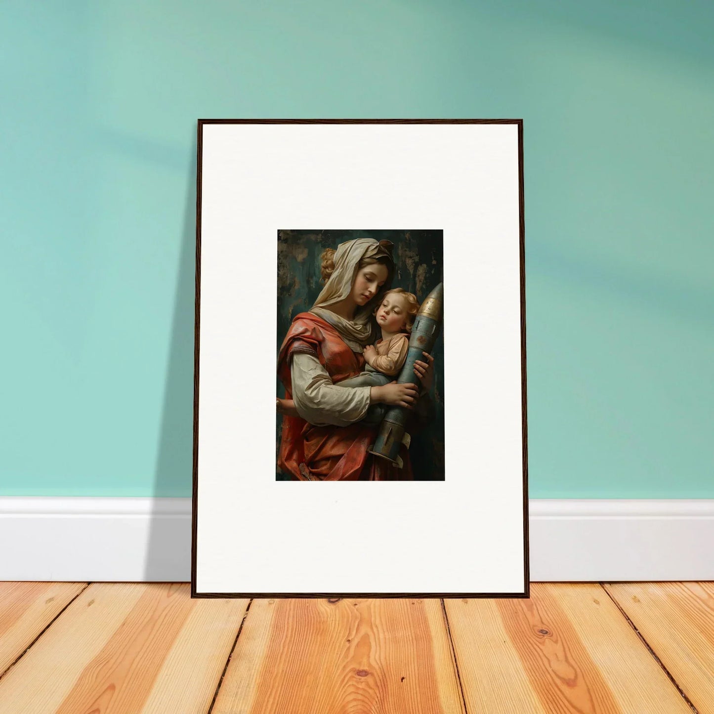 Framed wall art of a woman with a baby and staff, perfect for Aedel Composure room decor