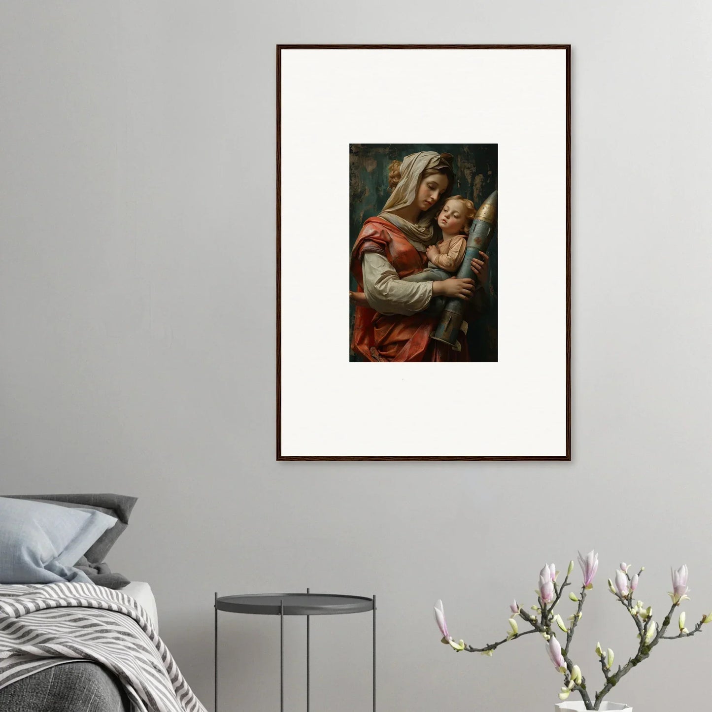 Framed wall art of a woman holding a baby in classical style for Aedel Composure room decor