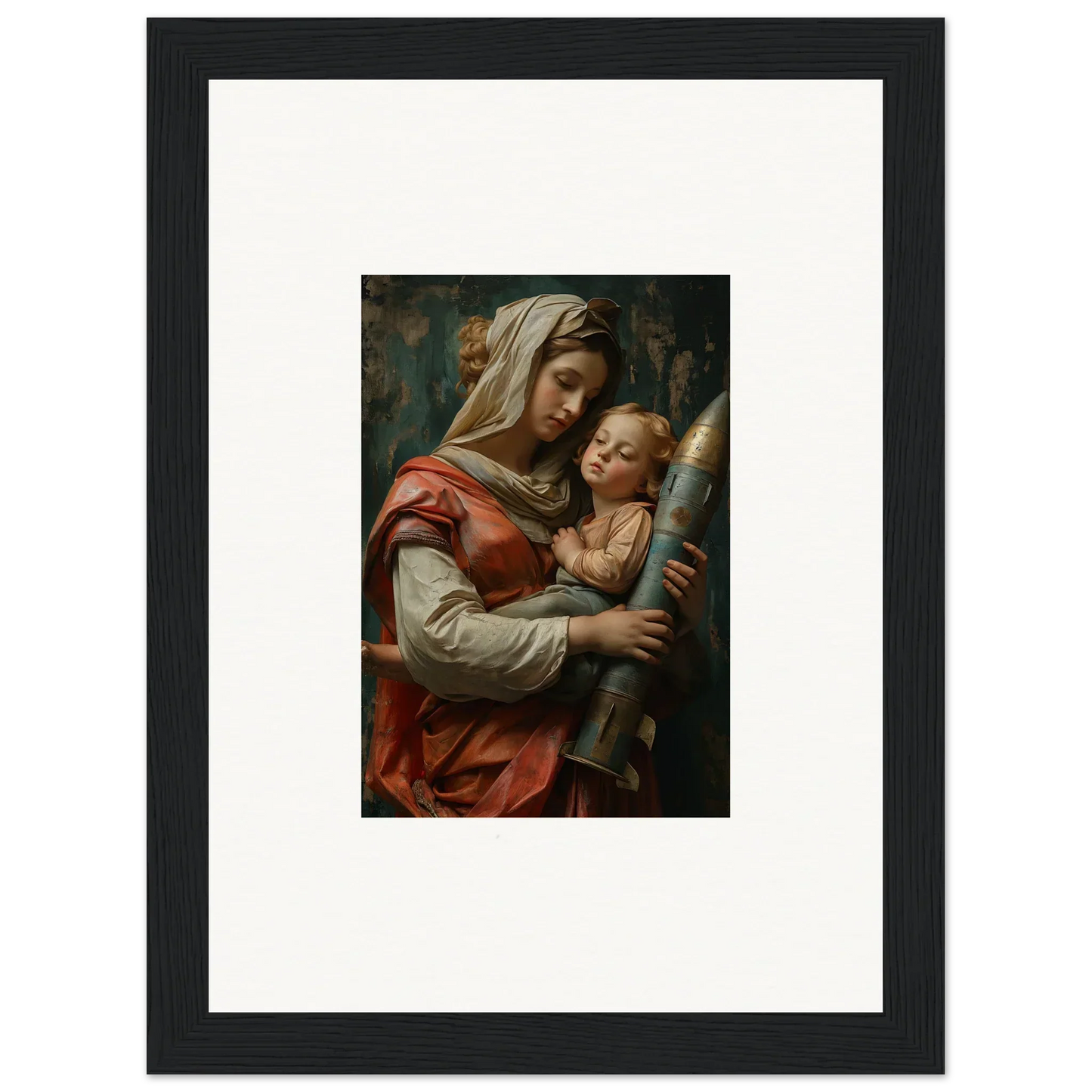 Framed wall art of Aedel Composure featuring a woman holding a baby for room decor