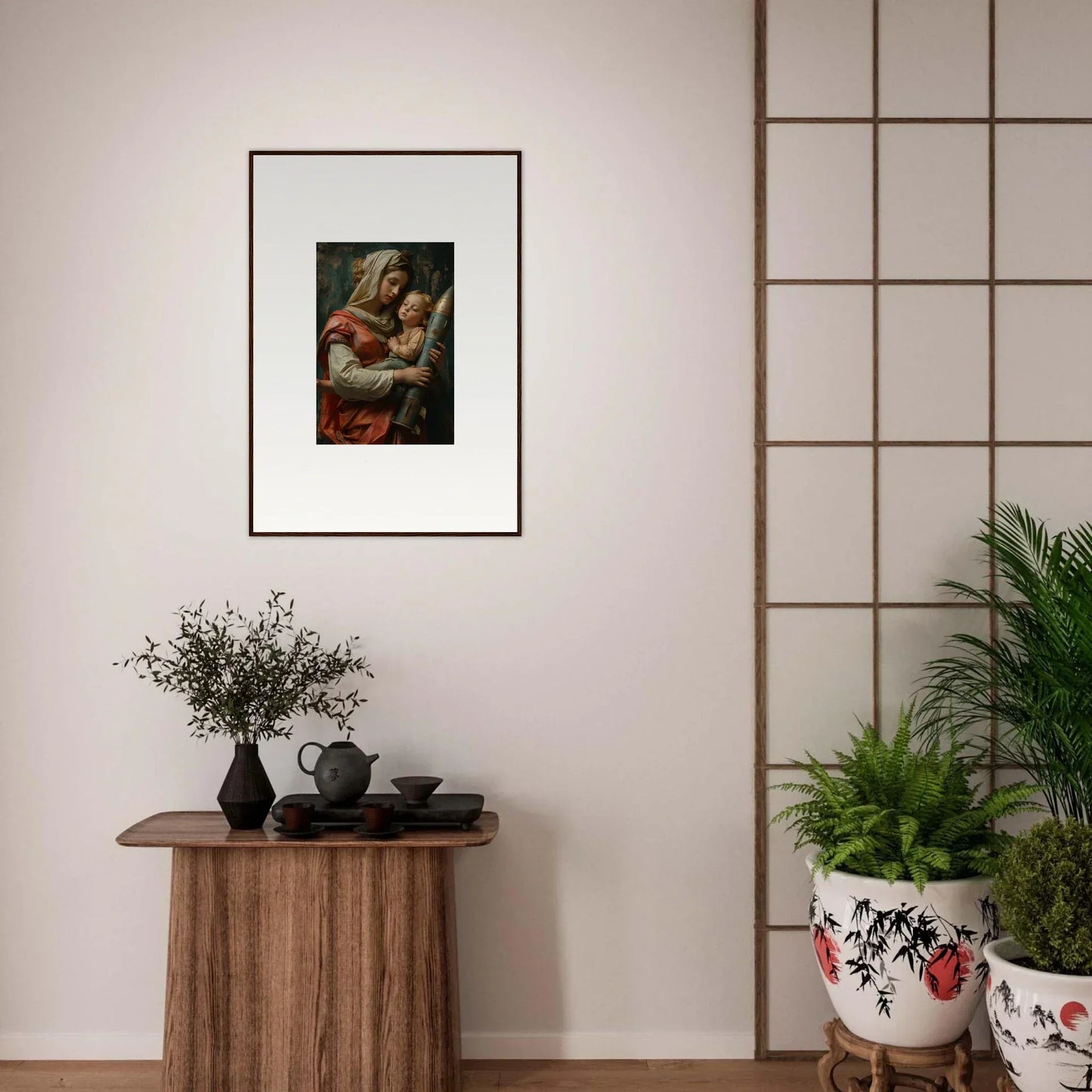 Framed Renaissance-style painting of a woman with a child for Aedel Composure room decor