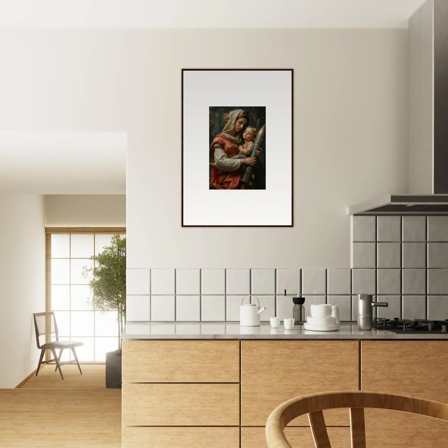 Framed wall art of a woman with child enhances Aedel Composure kitchen decor