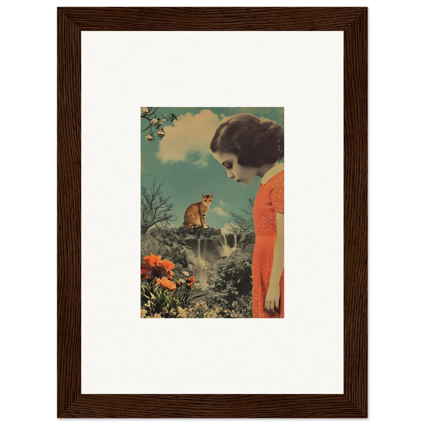 Vintage artwork of a woman in an orange dress gazing at a cat for room decoration
