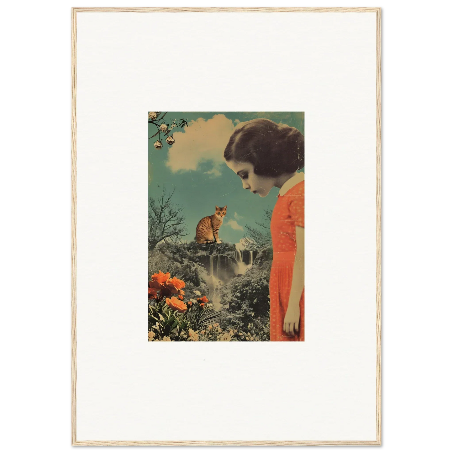 Framed vintage collage of a woman in an orange dress with a cat for room decoration