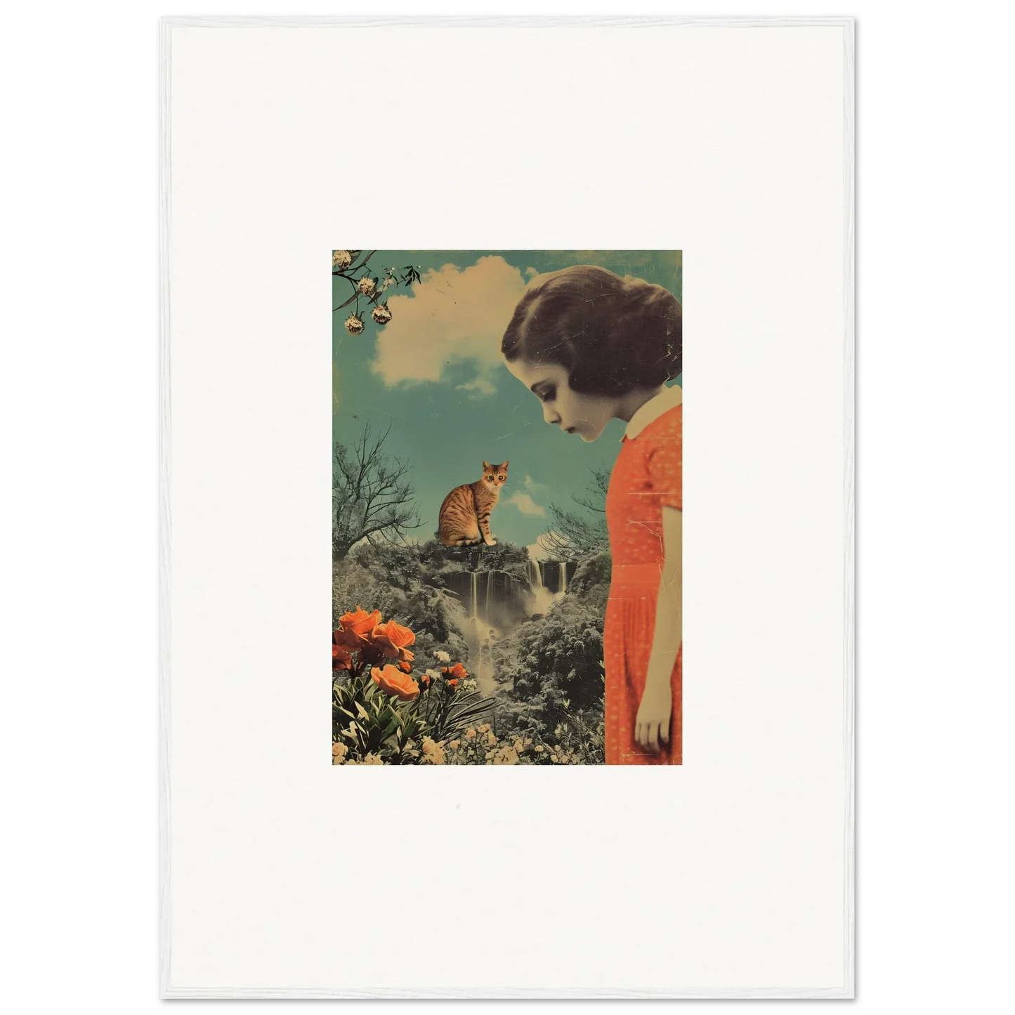 Vintage-style canvas print of a woman in orange dress admiring a cat near a waterfall