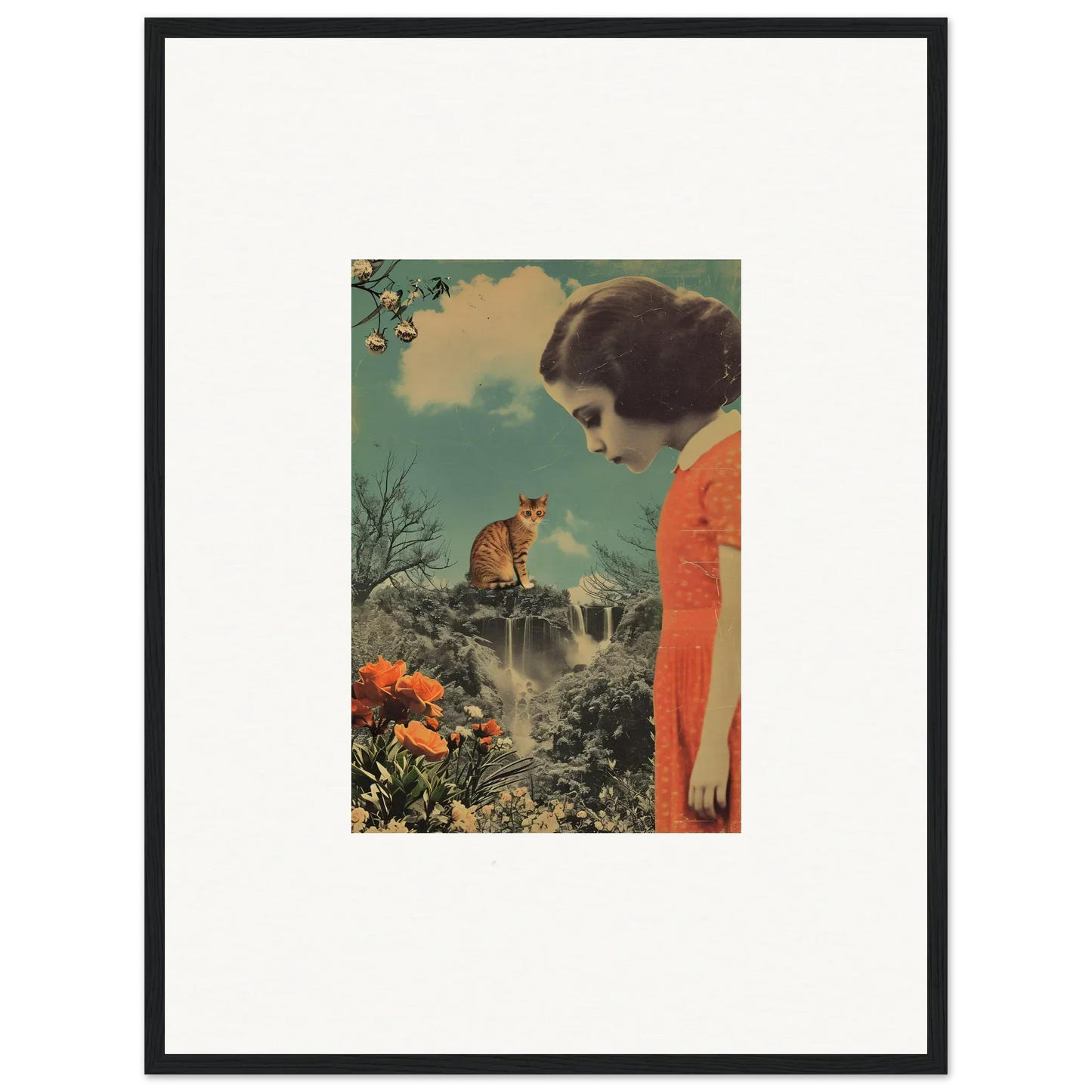 Framed canvas print of a woman in an orange dress watching a cat in Cerebral Gardens