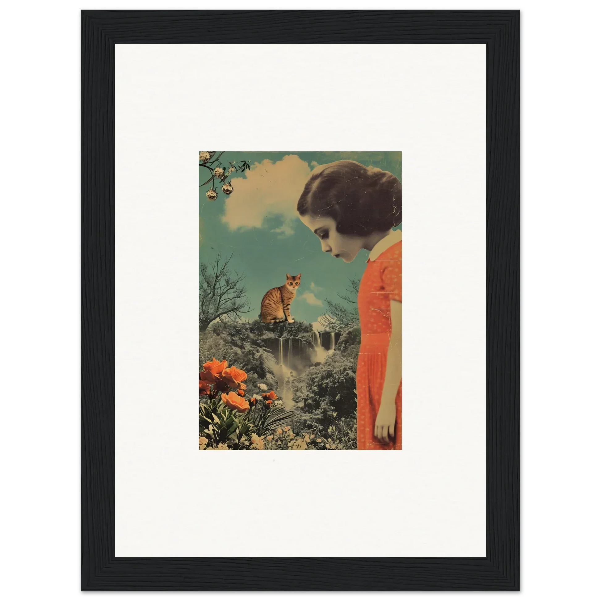 Framed vintage collage of a woman in orange dress with cat in colorful Cerebral Gardens
