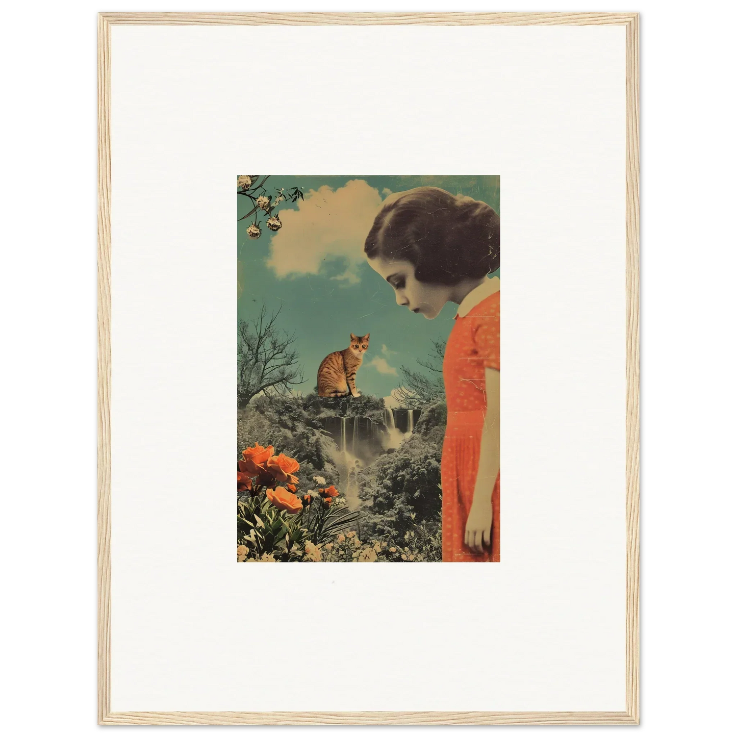 Framed vintage artwork of a woman in an orange dress for cerebral gardens room decoration