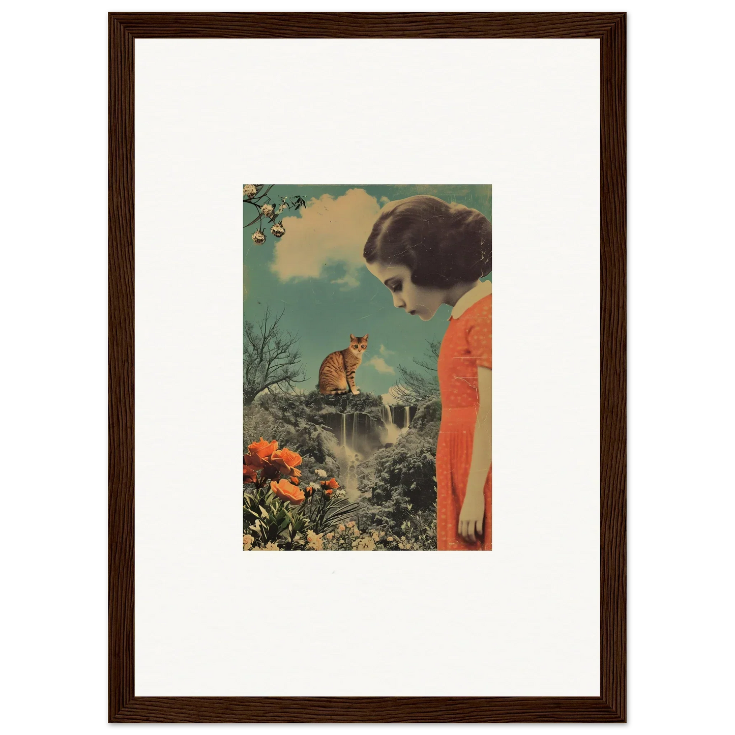 Framed vintage artwork of a woman in an orange dress and cat for cerebral gardens decor