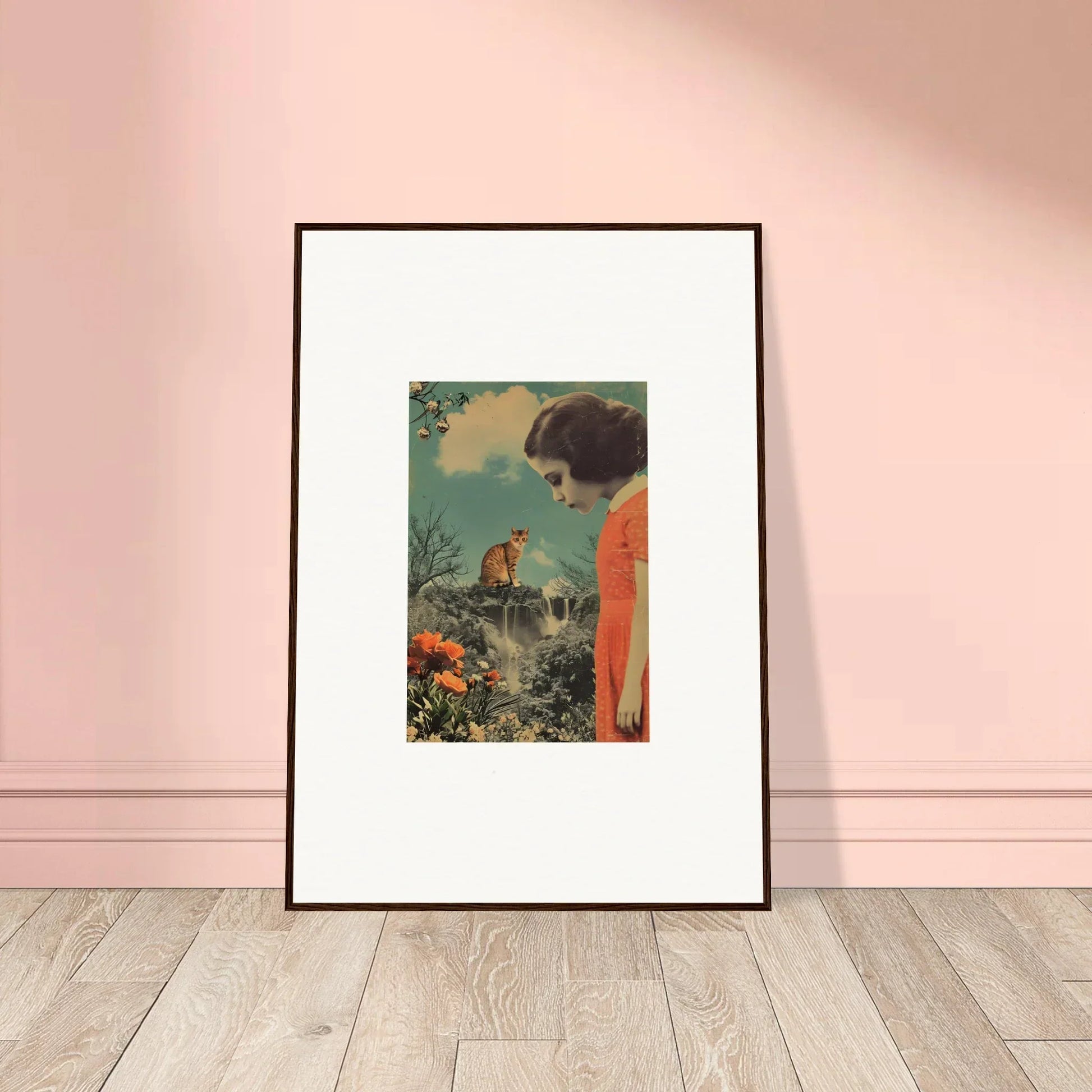 Framed canvas print of a person in orange observing a fox in surreal Cerebral Gardens