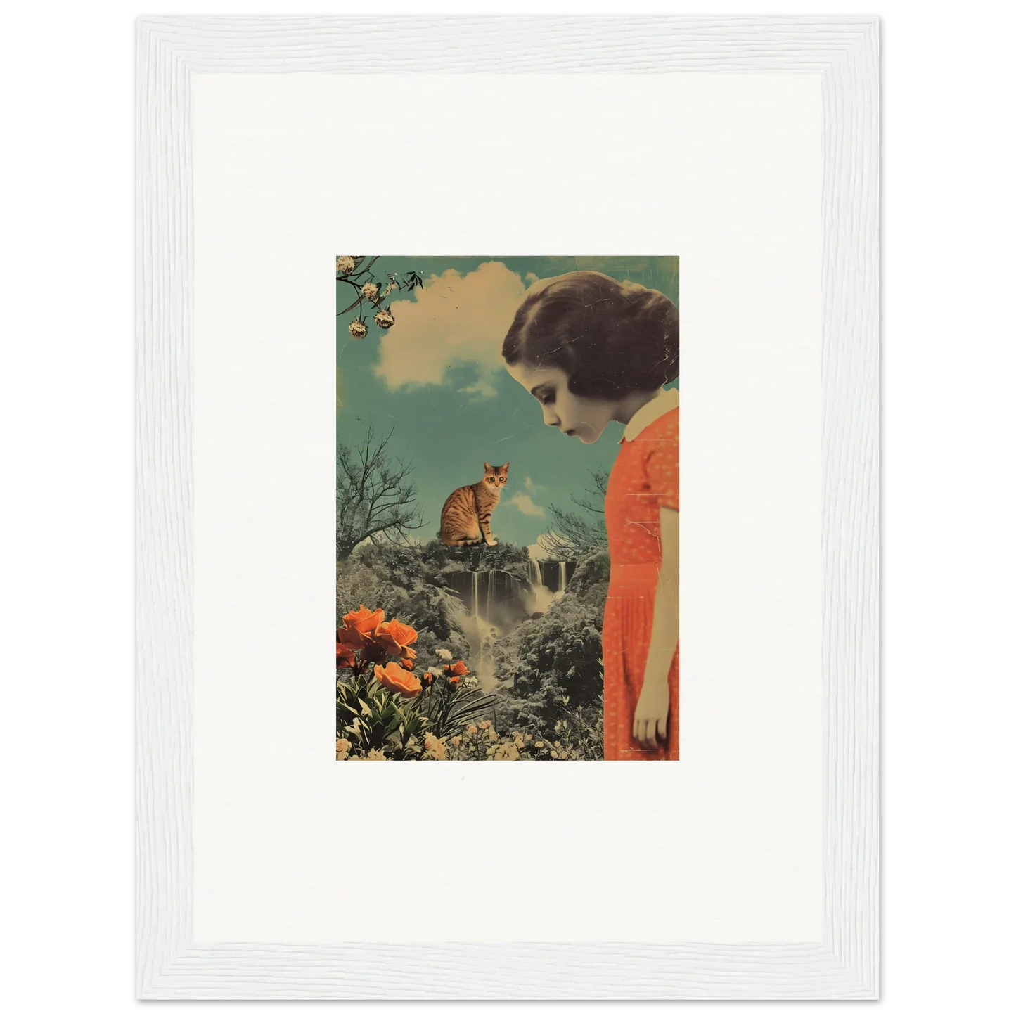 Vintage-style collage of a woman in orange dress and cat for cerebral gardens canvas print