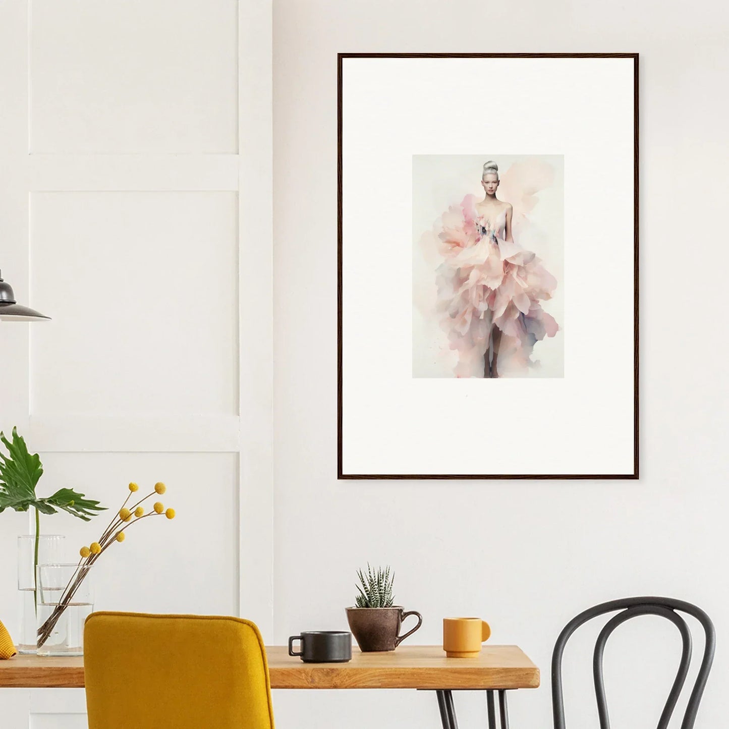 Framed wall art of Luminous Petal Drift featuring a flowing pink dress in watercolor style