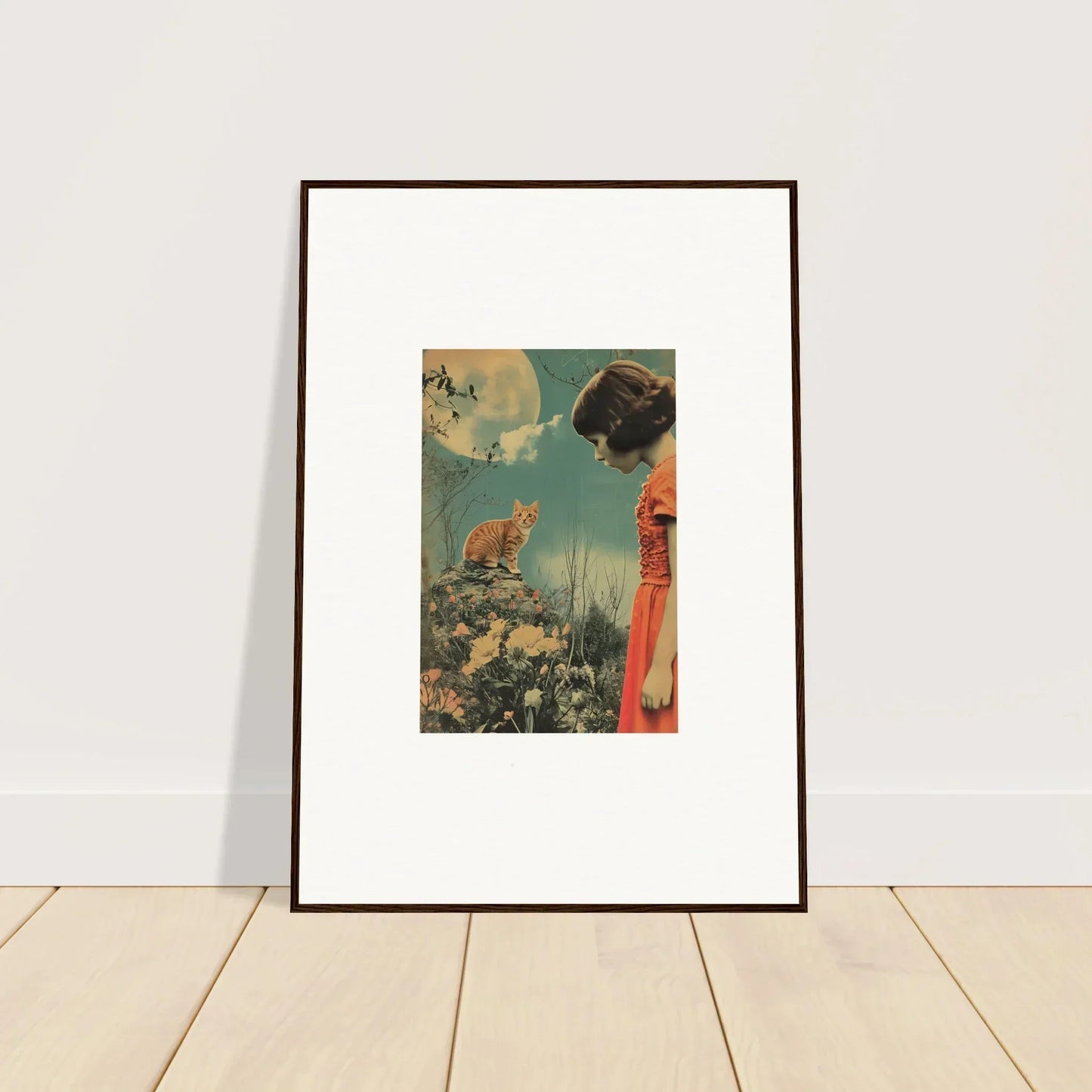 Framed vintage canvas print of a woman in a red dress with an orange cat, perfect whimsy reverie room decoration