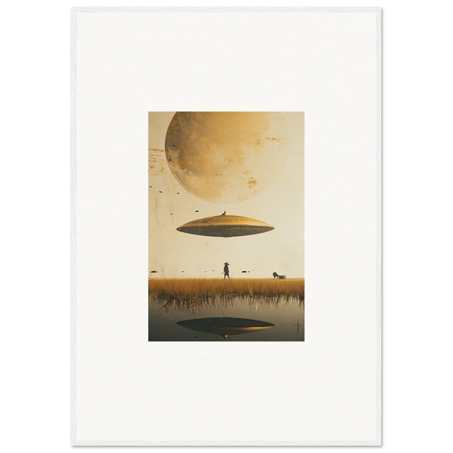 Flying saucer hovering over reflective surface in Moon Havinpierson framed wall art