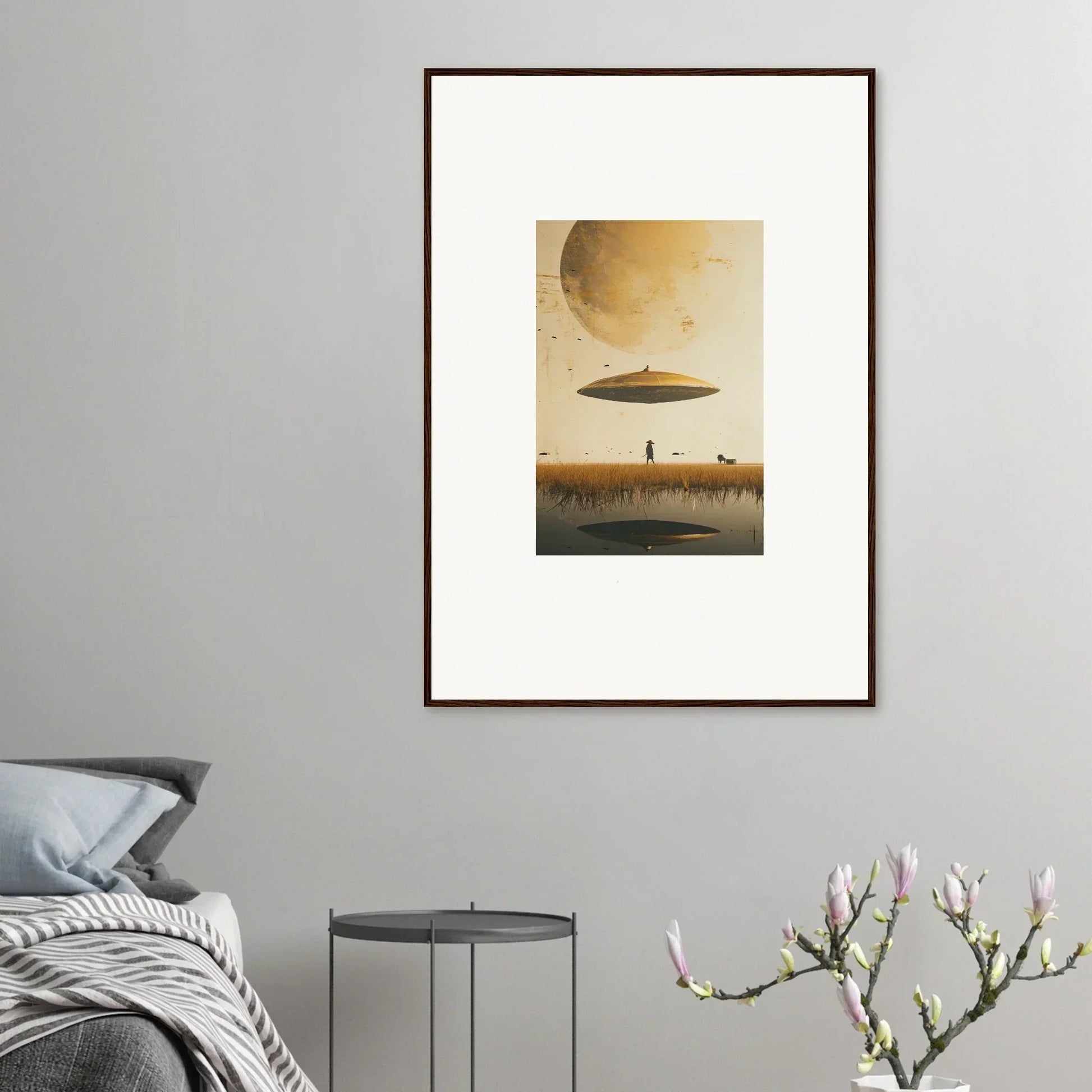 Framed wall art featuring a surreal landscape with UFO and moon Havinpierson for room decor