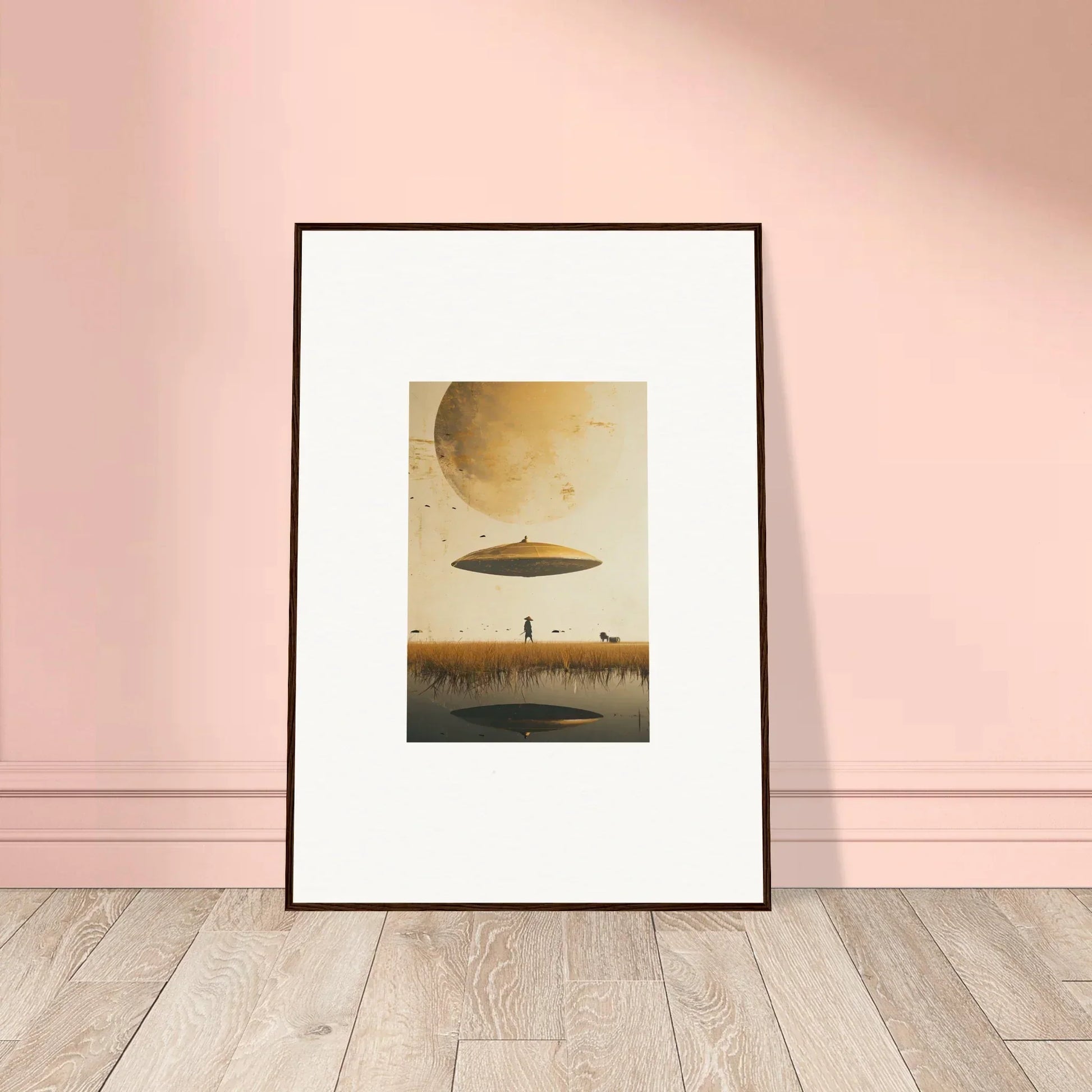 Framed wall art of a surreal landscape with UFO, perfect for Moon Havinpierson room decor