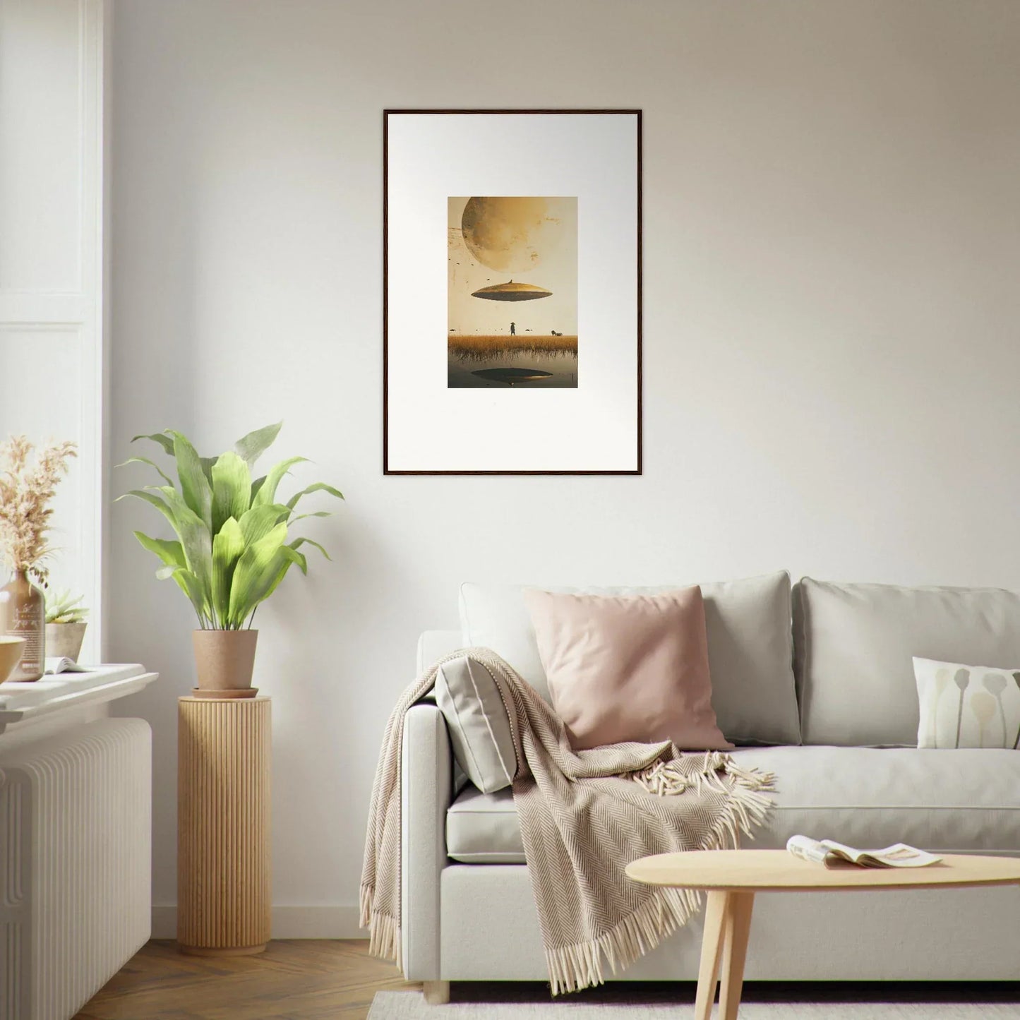 Framed wall art of a UFO in a sepia sky for Moon Havinpierson room decor