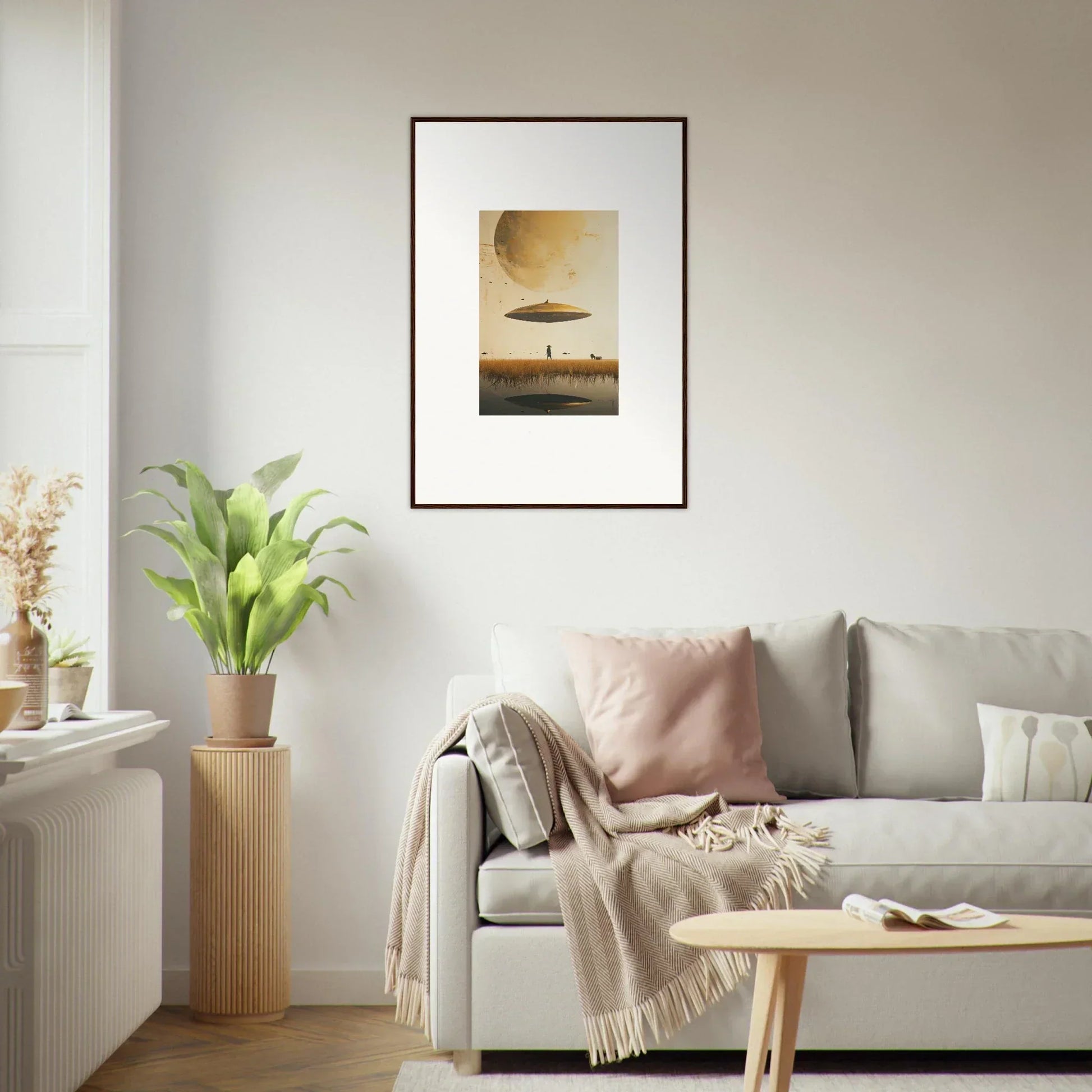 Framed wall art of a UFO in a sepia sky for Moon Havinpierson room decor