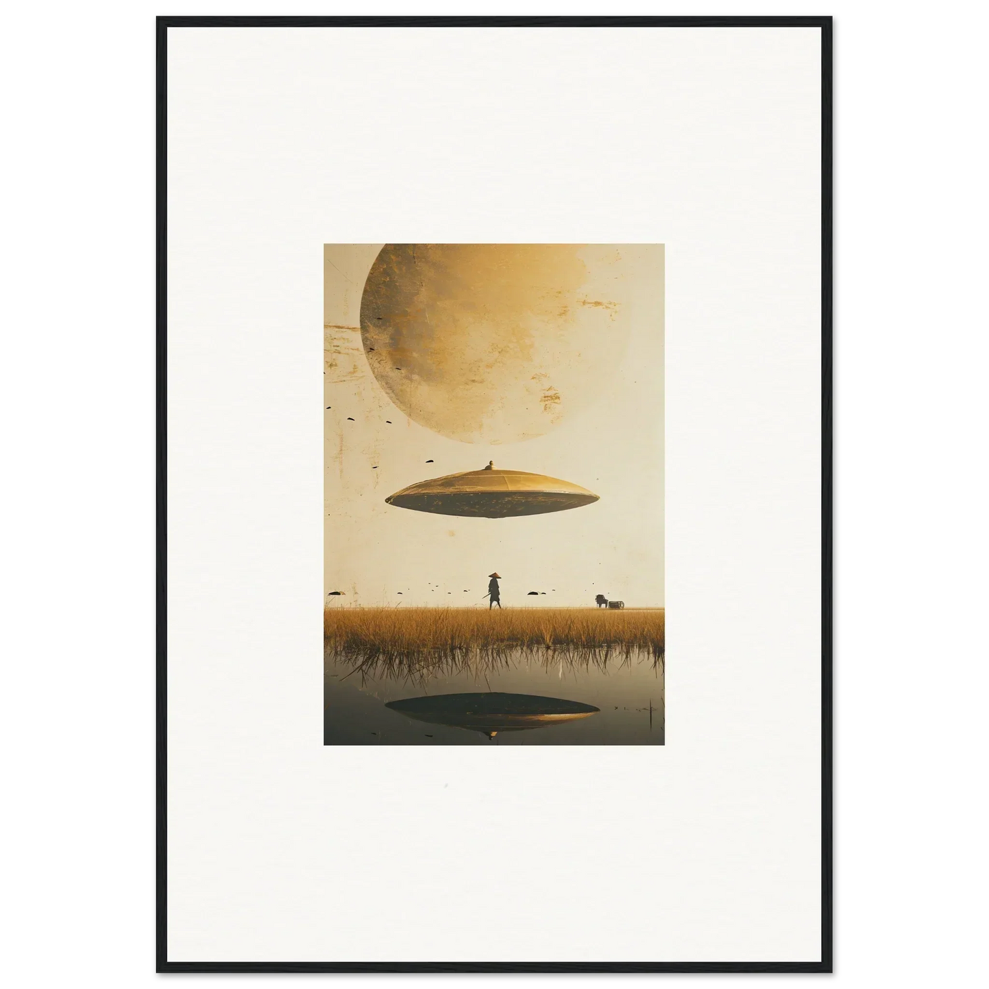 Framed wall art of a surreal landscape with a UFO for moon Havinpierson room decor