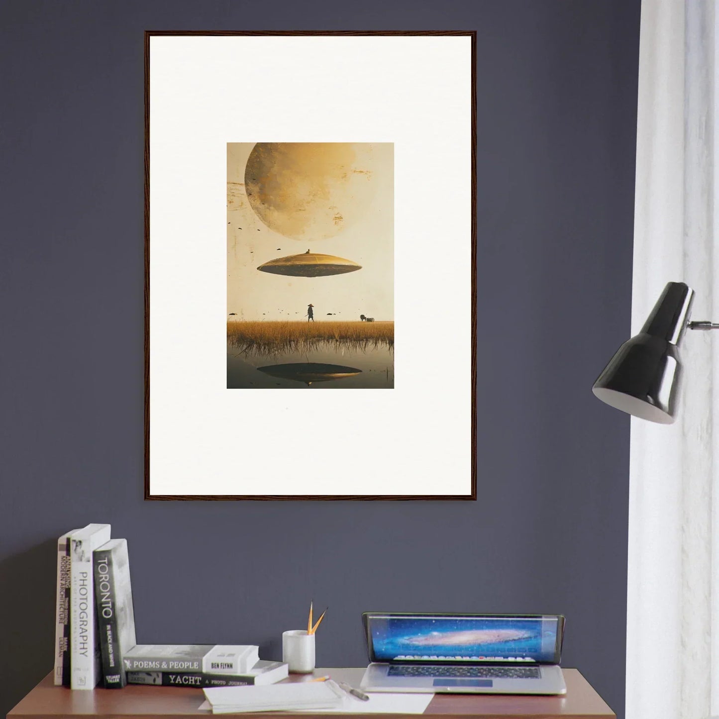 Surreal landscape framed wall art featuring a UFO and a solitary figure by Moon Havinpierson