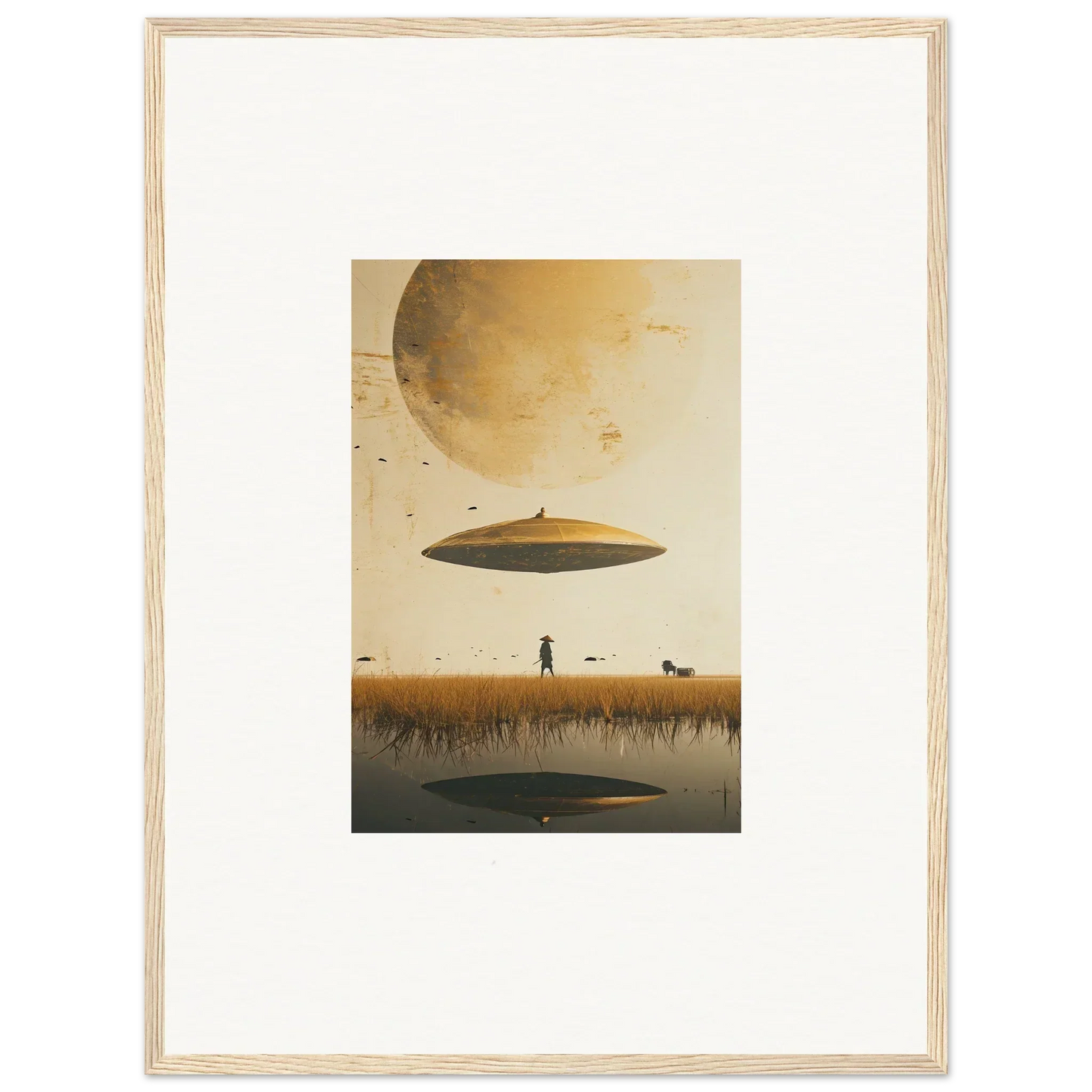 UFO hovering over a landscape in Moon Havinpierson themed framed wall art