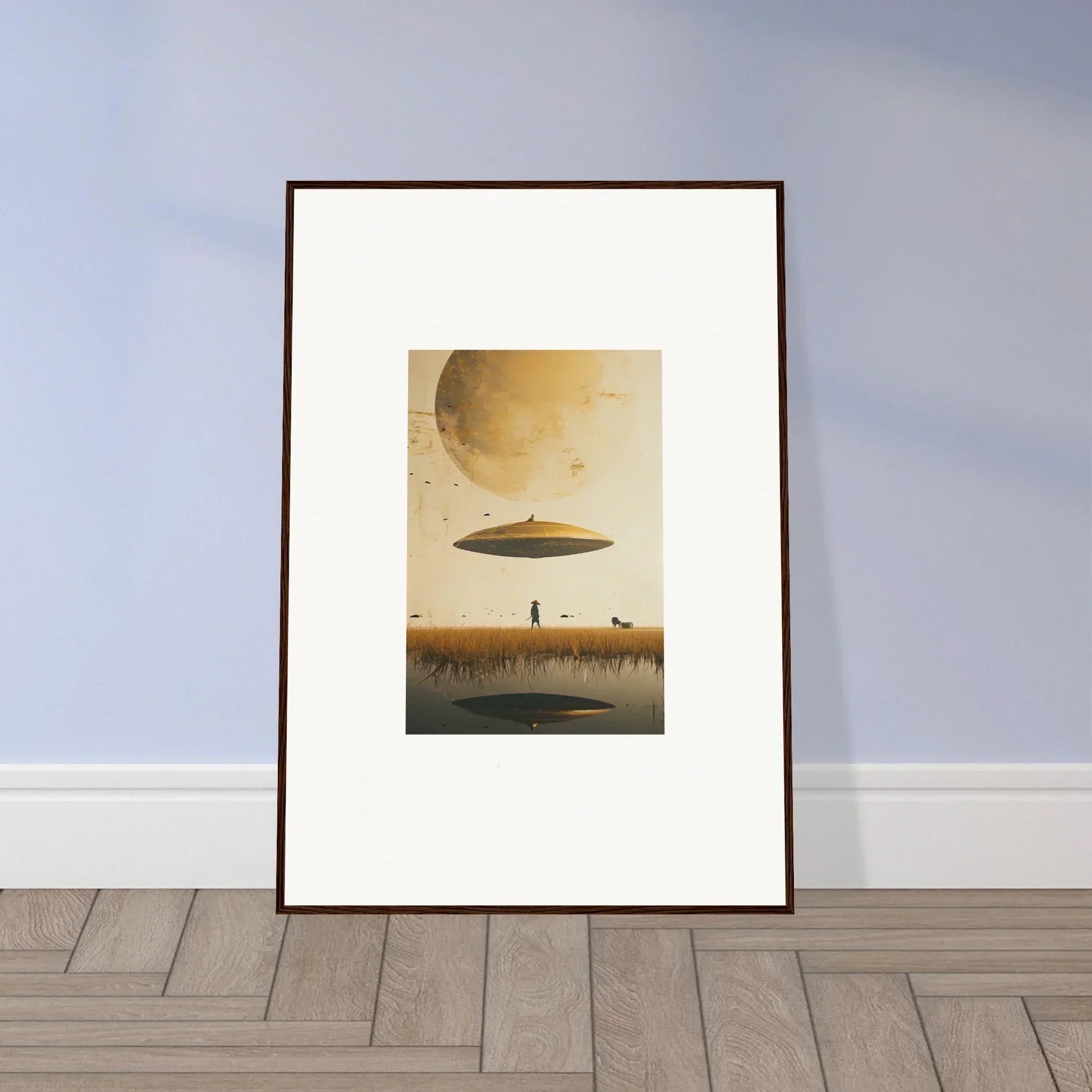 Surreal landscape with UFO and figure in Framed Wall Art for Moon Havinpierson Room Decor