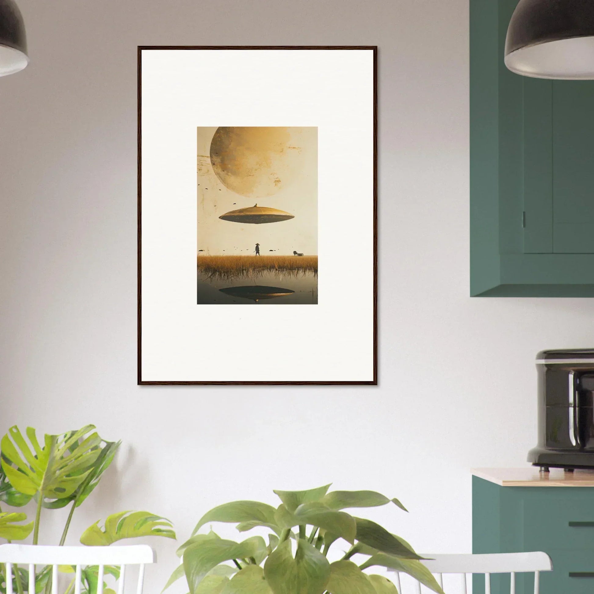 Framed wall art of a surreal landscape with a UFO for unique moon Havinpierson room decor