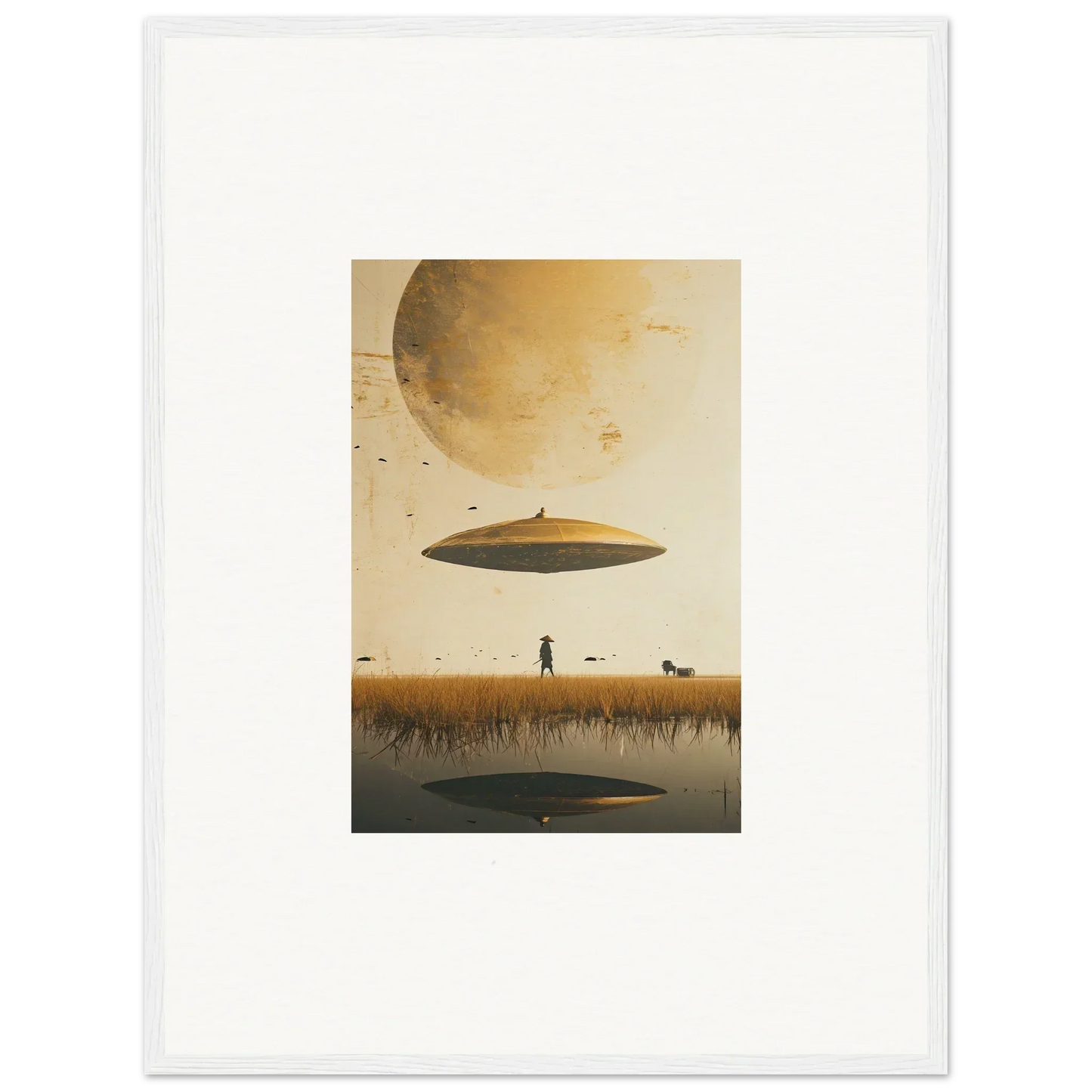 Saucer-shaped UFO hovering over landscape for Moon Havinpierson room decor wall art
