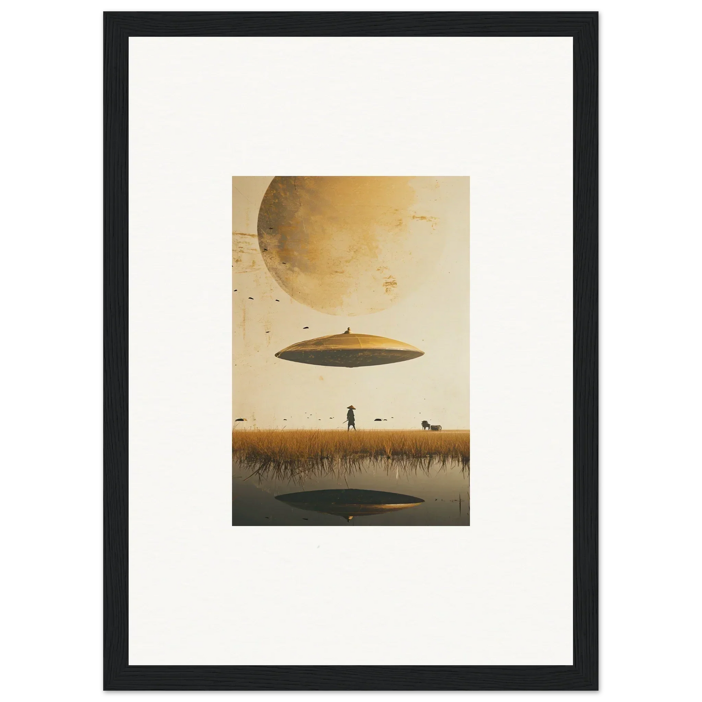 Unidentified flying object over a barren landscape for Moon Havinpierson wall art decor