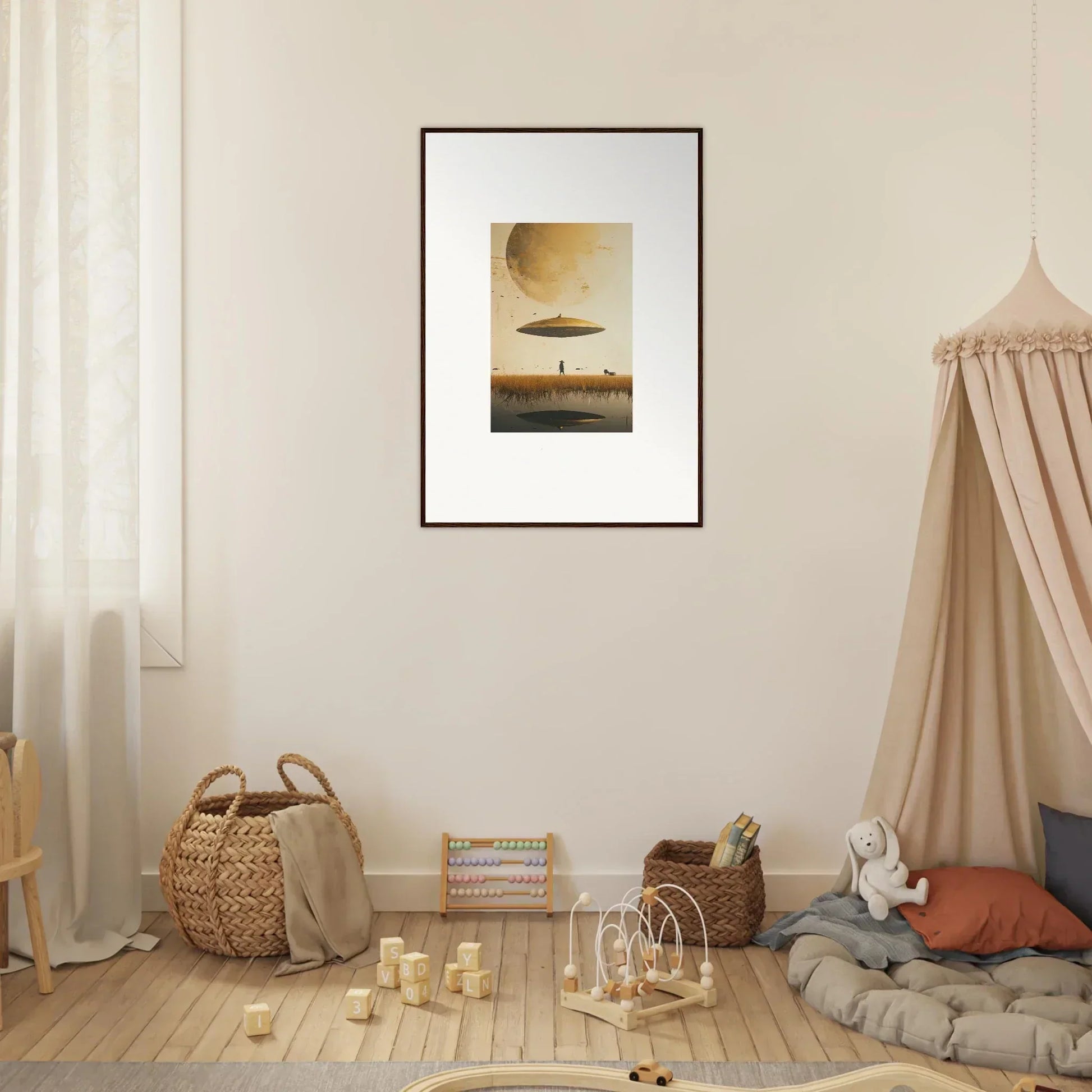 Framed wall art featuring a surreal moon Havinpierson scene with a floating umbrella