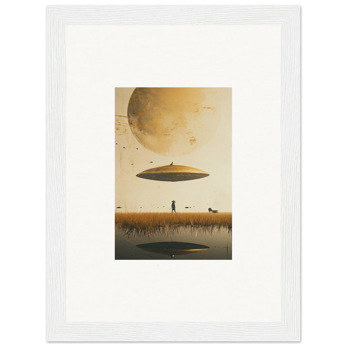 Surreal framed wall art of a UFO over a landscape for unique room decor by Moon Havinpierson