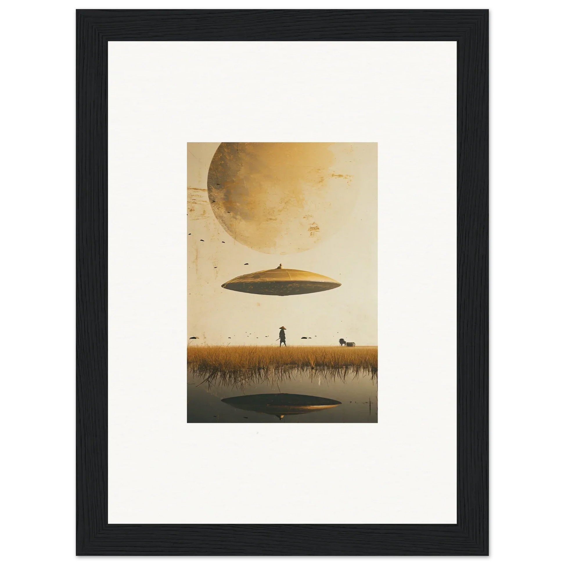 Framed wall art of UFO over a barren landscape for unique room decor moon Havinpierson