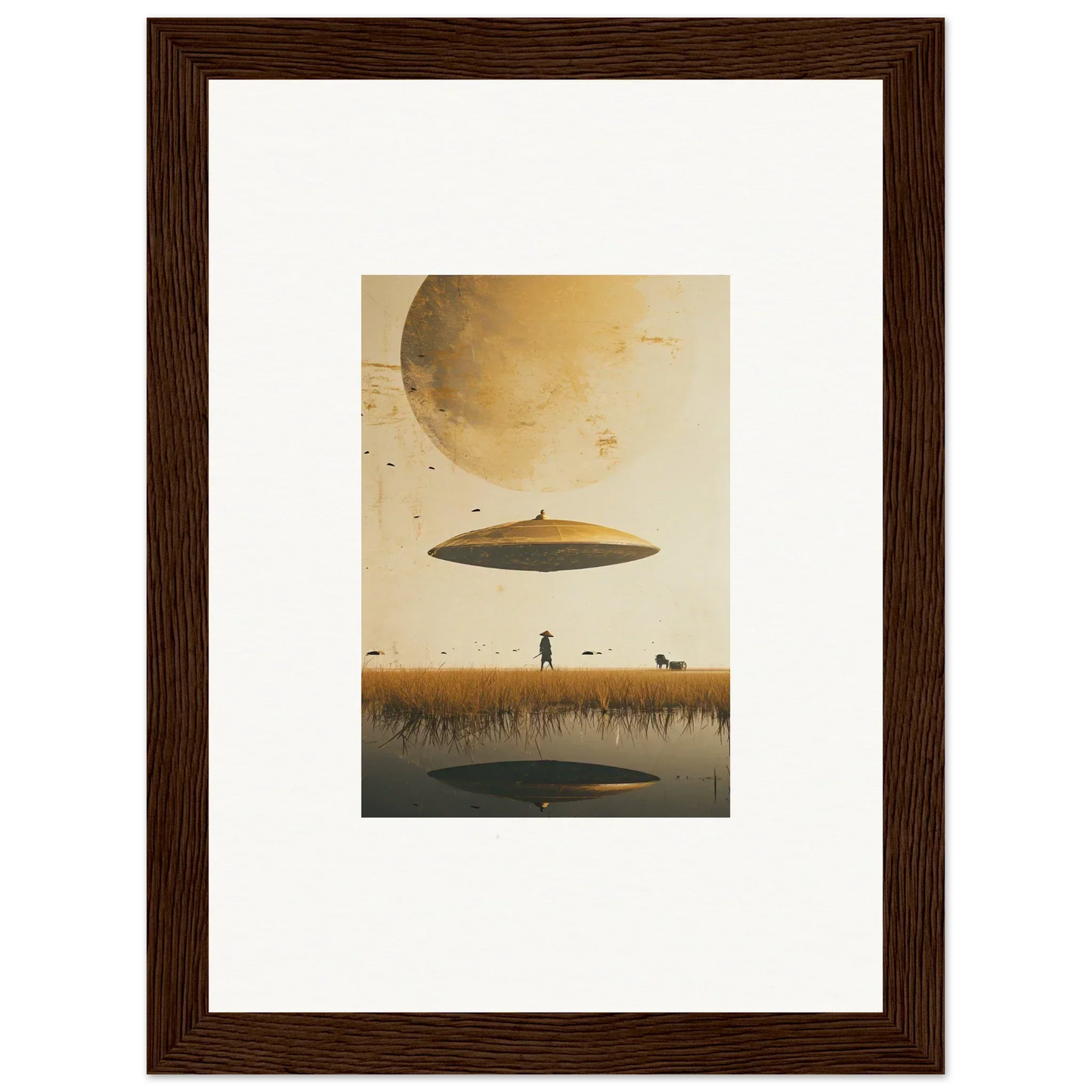 Flying saucer hovering over a landscape for Moon Havinpierson framed wall art
