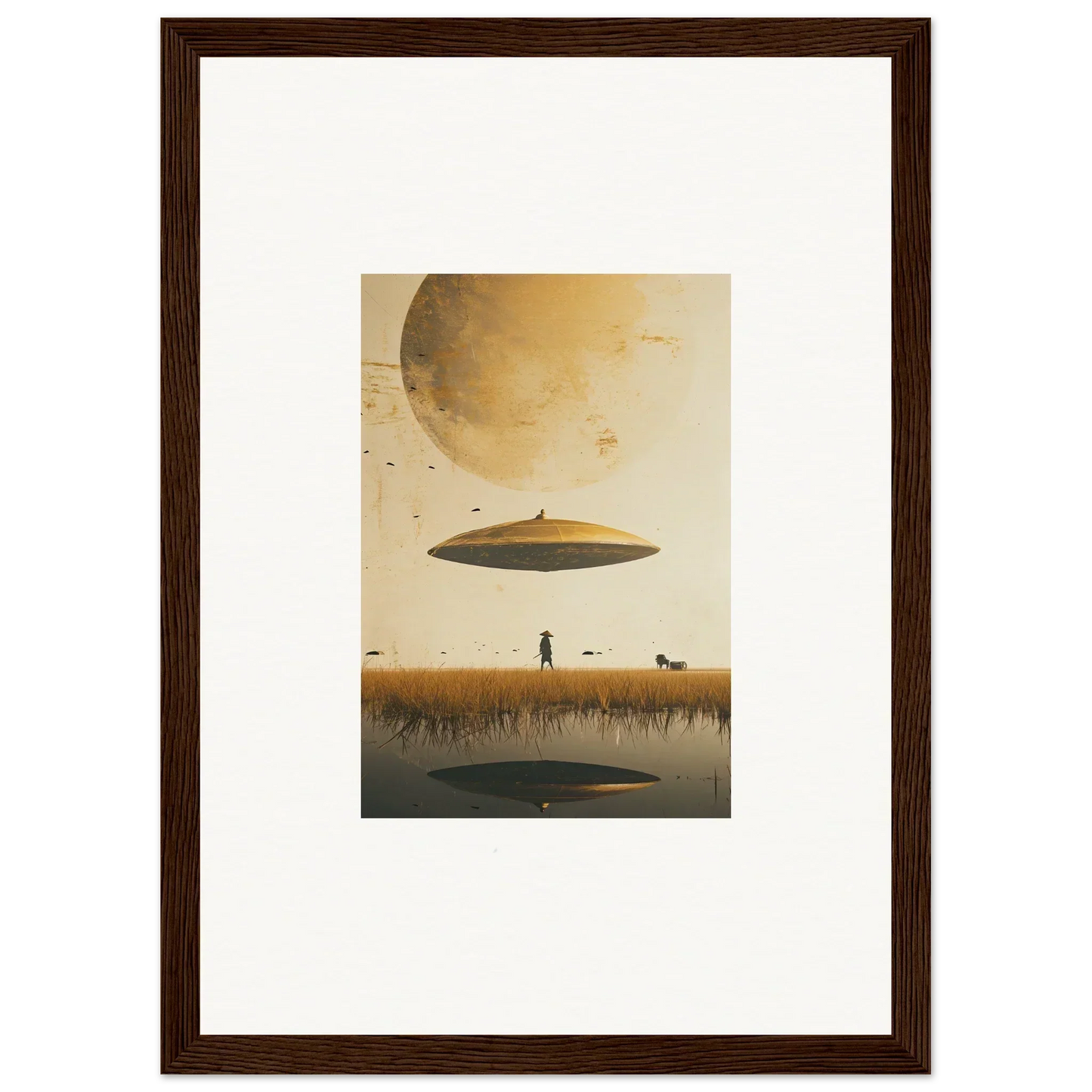 Flying saucer over a desolate landscape, perfect for Moon Havinpierson room decor