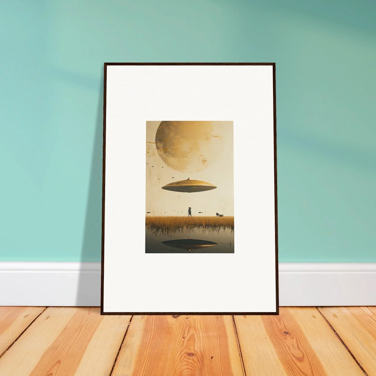 Framed wall art of a surreal landscape with a UFO, perfect for Moon Havinpierson room decor