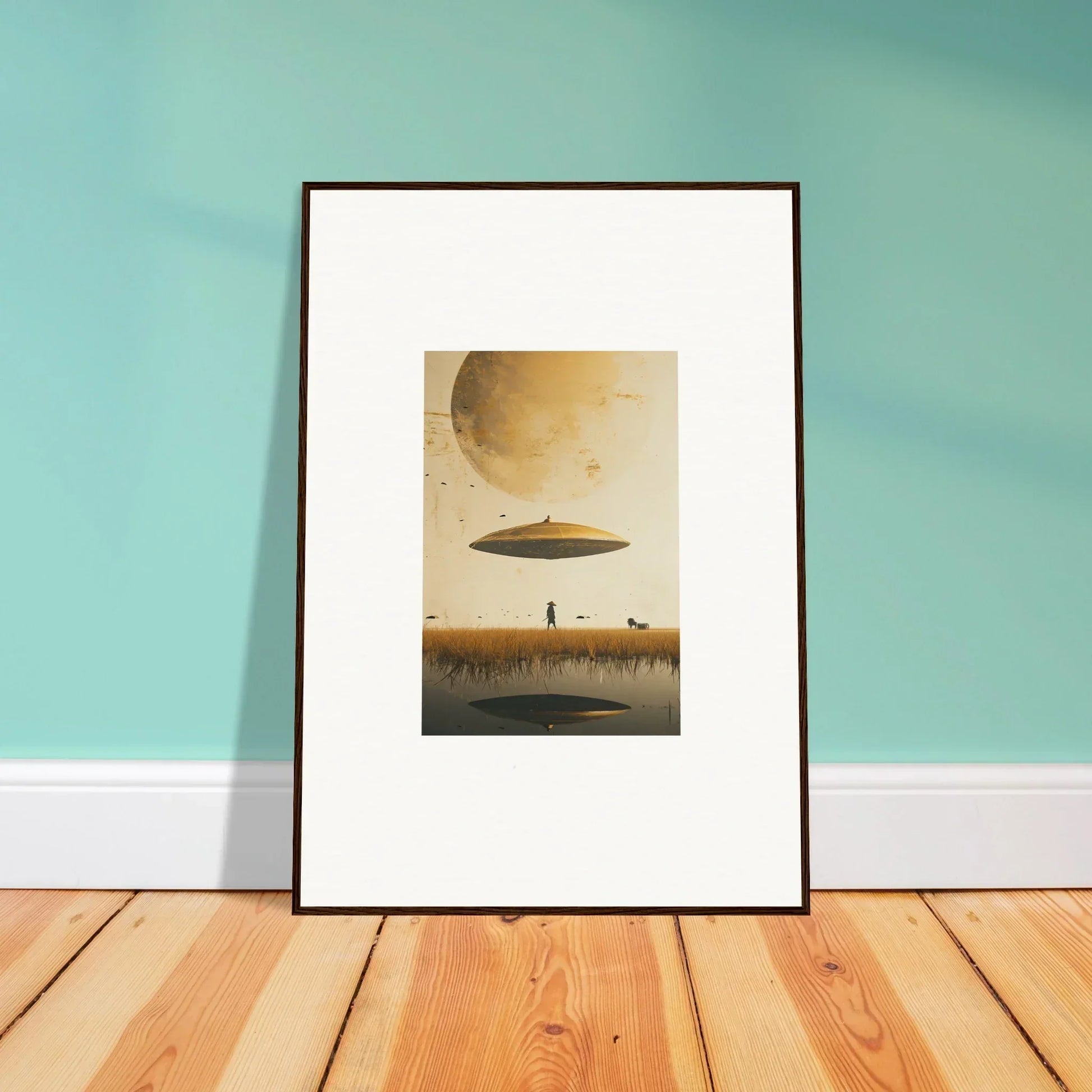 Framed wall art of a surreal landscape with a UFO, perfect for Moon Havinpierson room decor