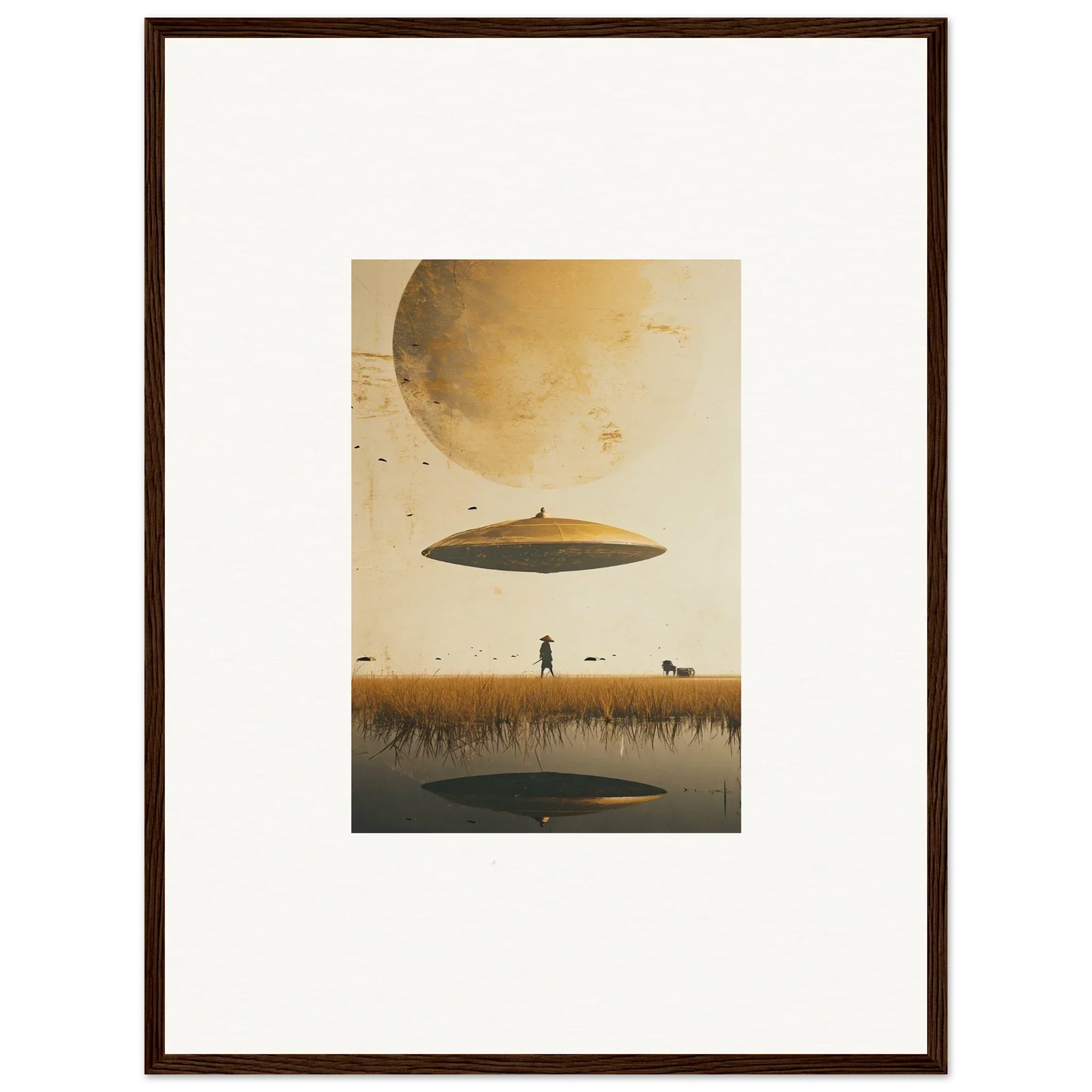 Framed wall art of a surreal landscape with a UFO, perfect room decor for Moon Havinpierson