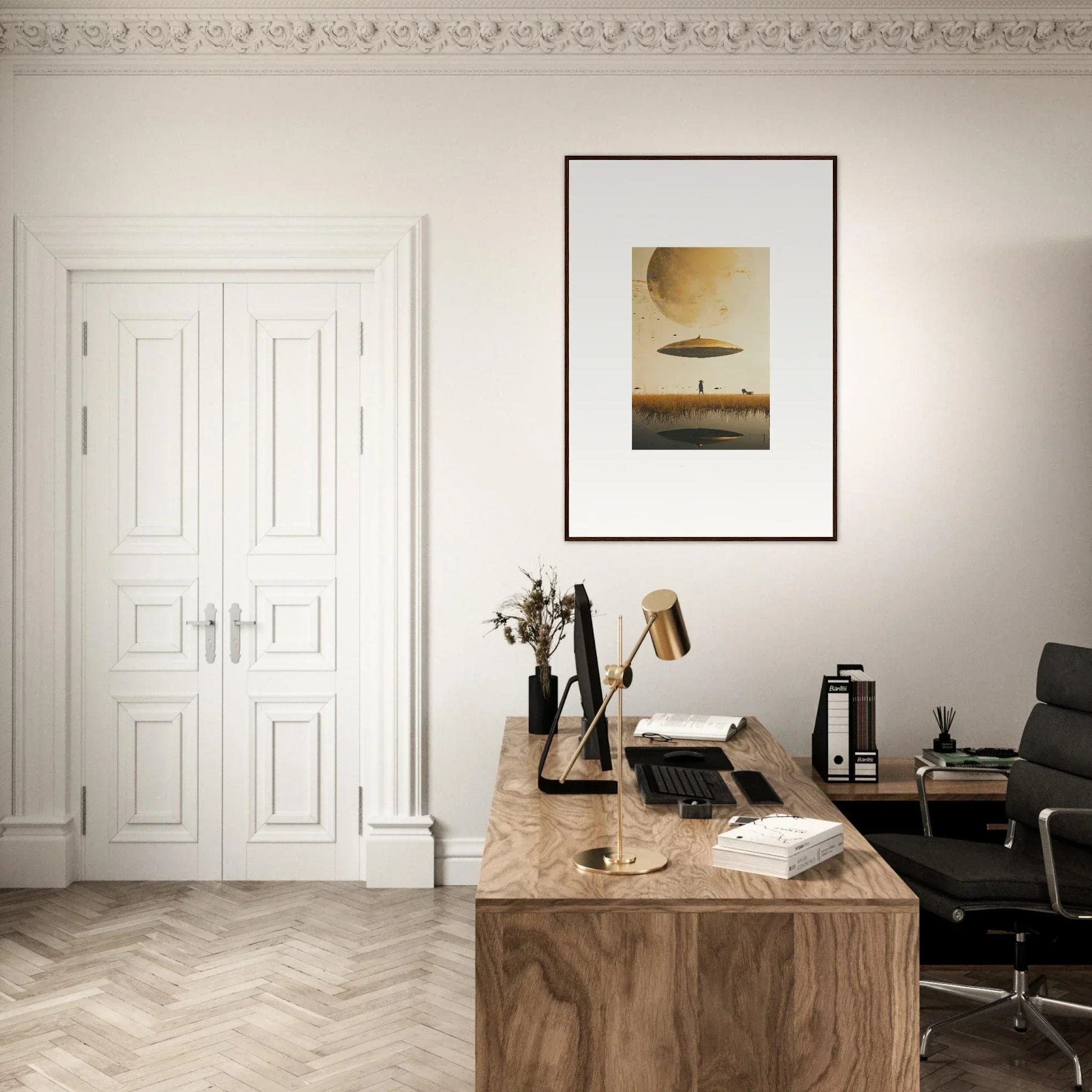 Wooden desk with typewriter and books, ideal for Moon Havinpierson room decor