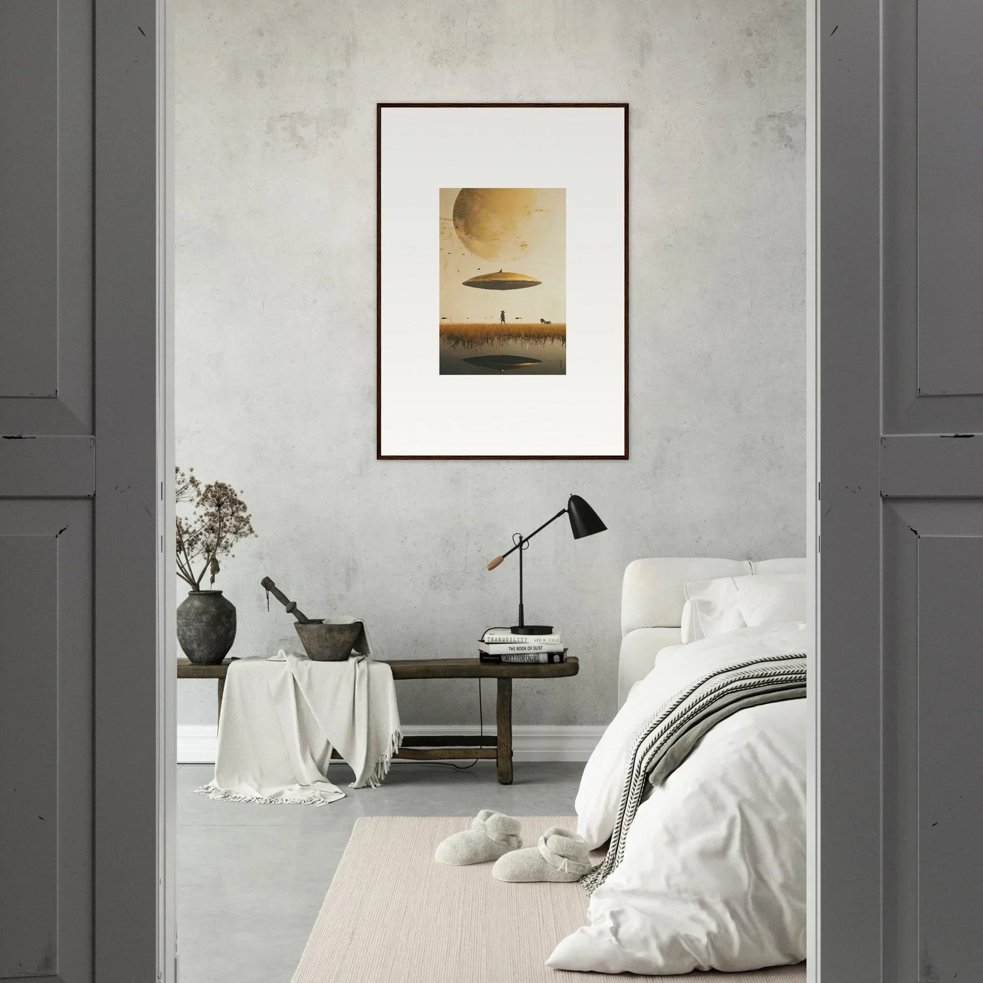 Framed surrealist wall art by Man Moon Havinpierson in a dreamy desert landscape
