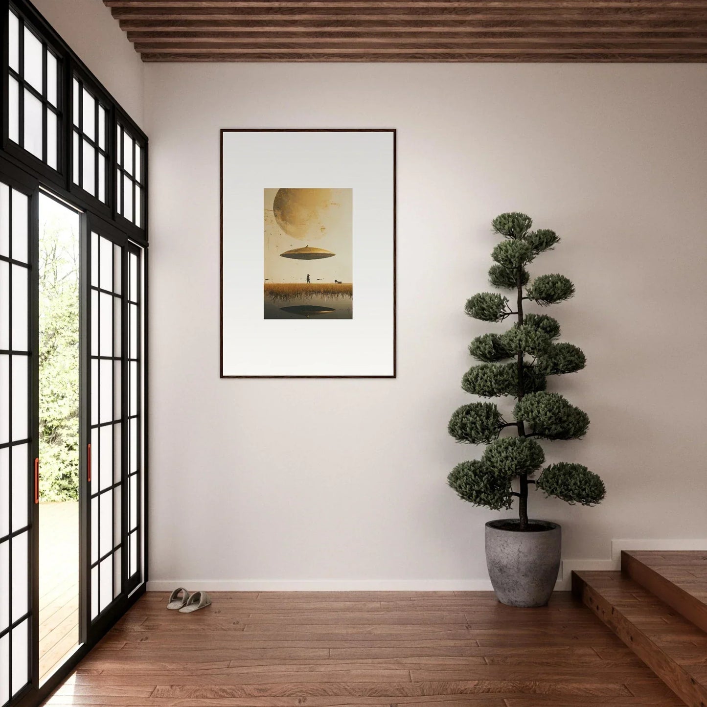 Framed surrealist wall art by Man Moon Havinpierson featuring a floating object above a landscape