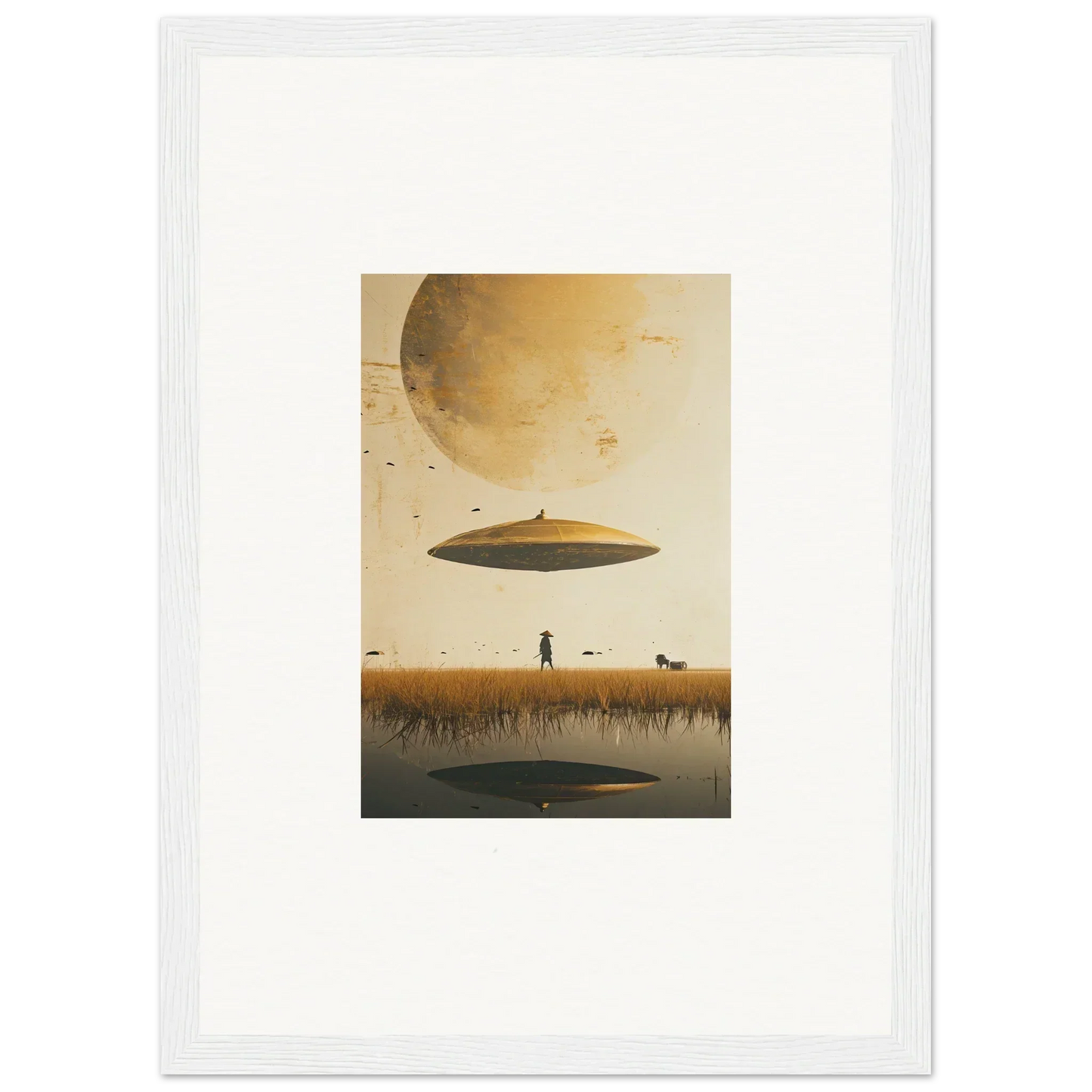 Unidentified flying object over barren landscape for Moon Havinpierson room decor