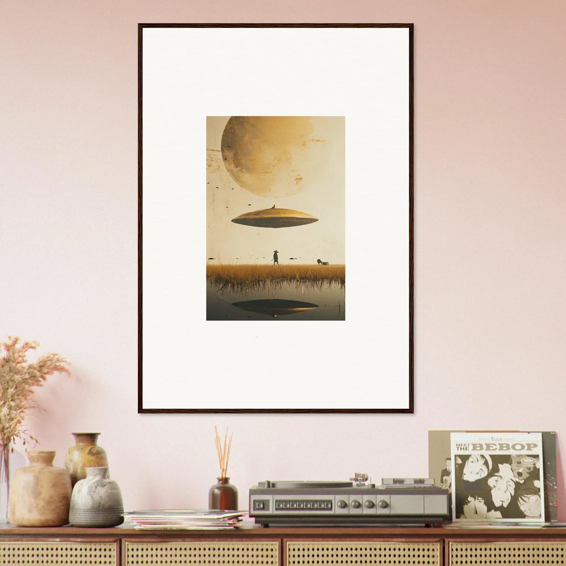 Framed wall art of a surreal landscape with a UFO by Moon Havinpierson, ideal room decor