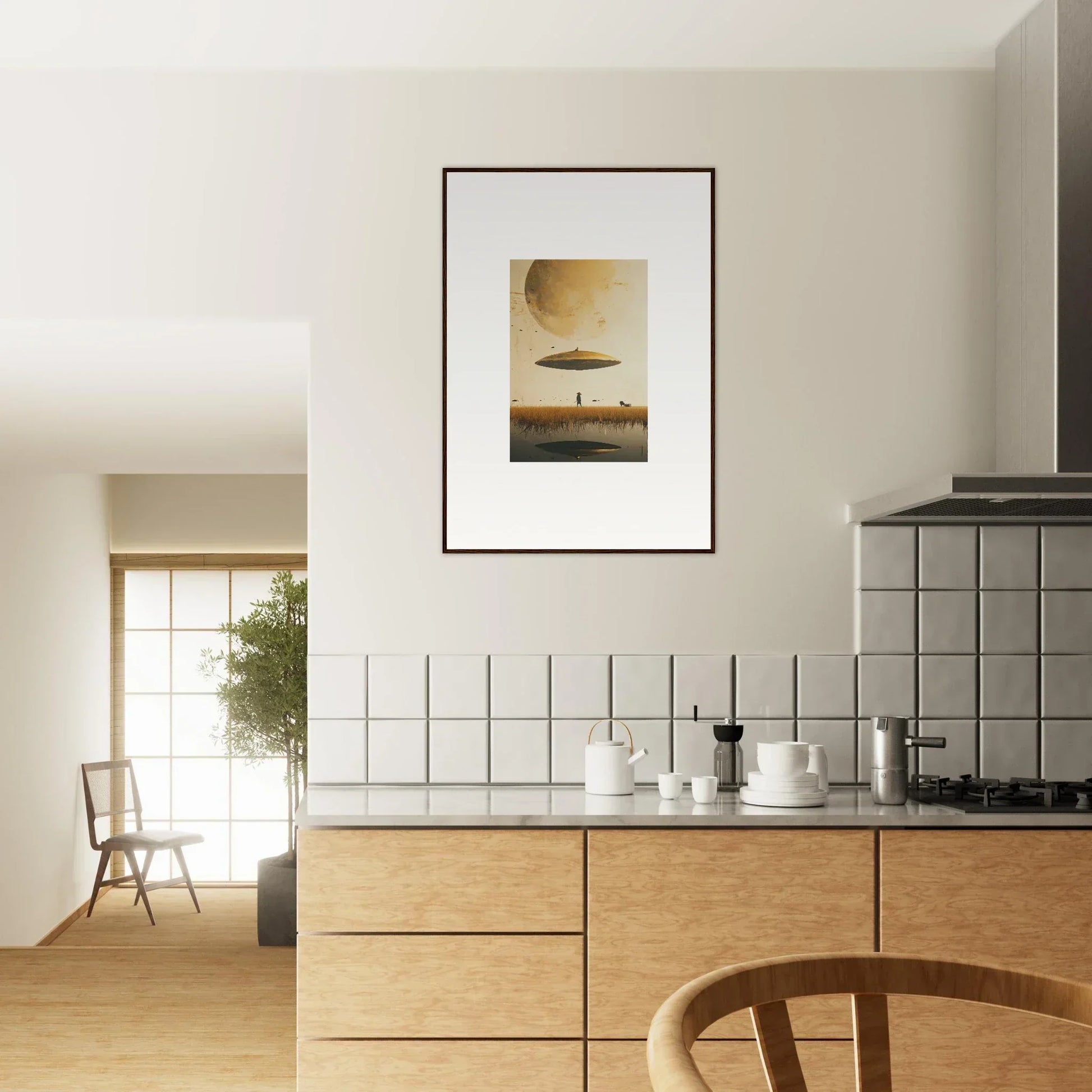 Modern kitchen with wooden cabinets, white backsplash, and Moon Havinpierson framed wall art