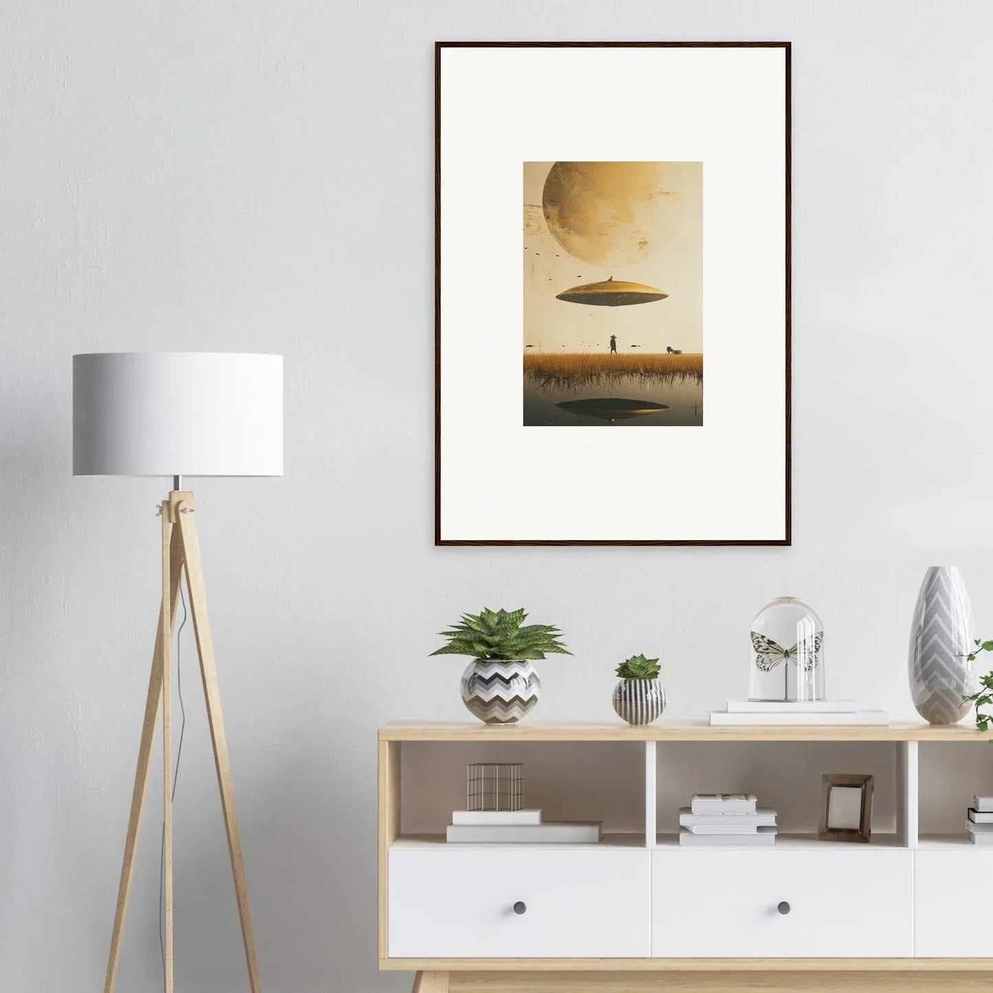 Framed wall art of a UFO over a landscape, perfect for Moon Havinpierson room decor