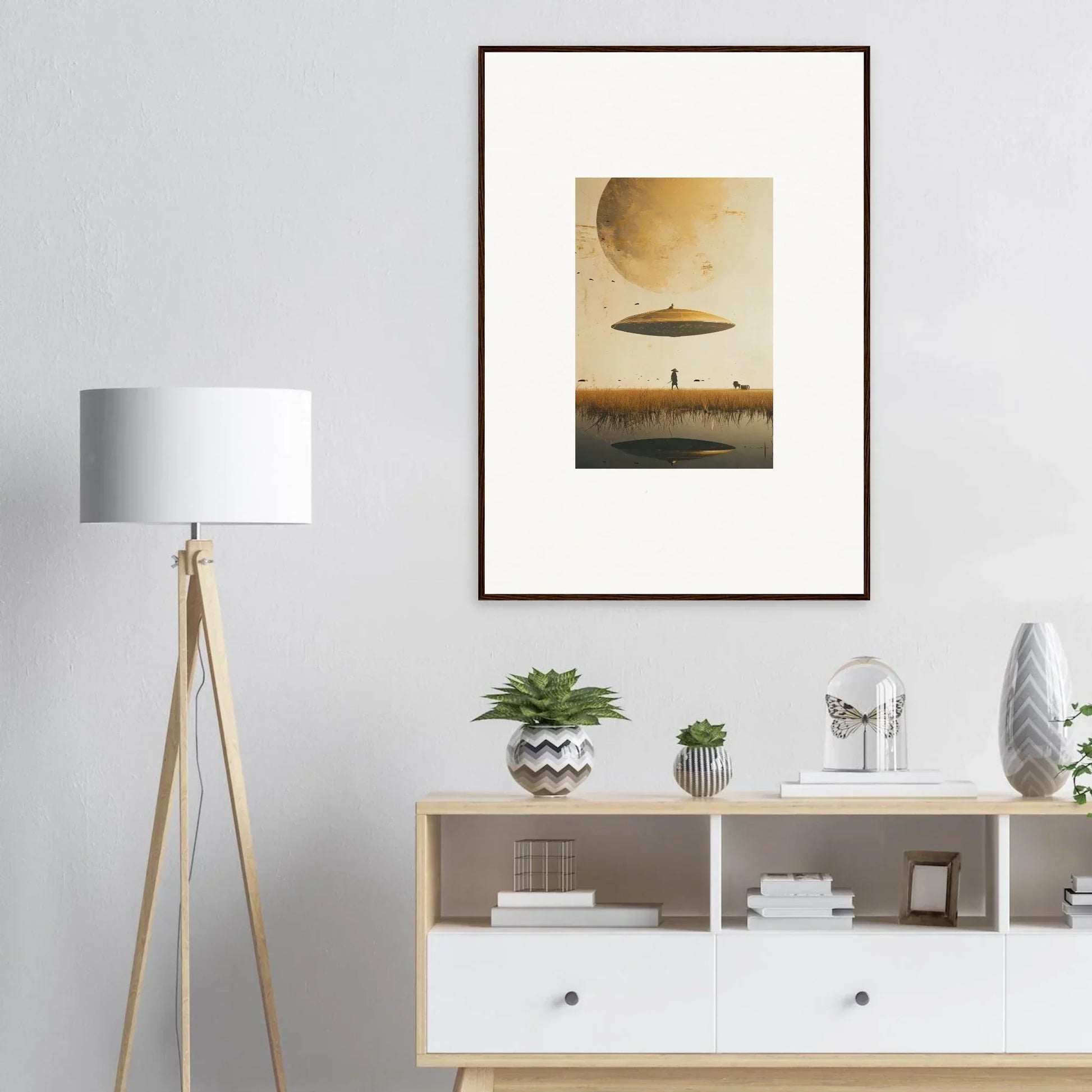 Framed wall art of a UFO over a landscape, perfect for Moon Havinpierson room decor