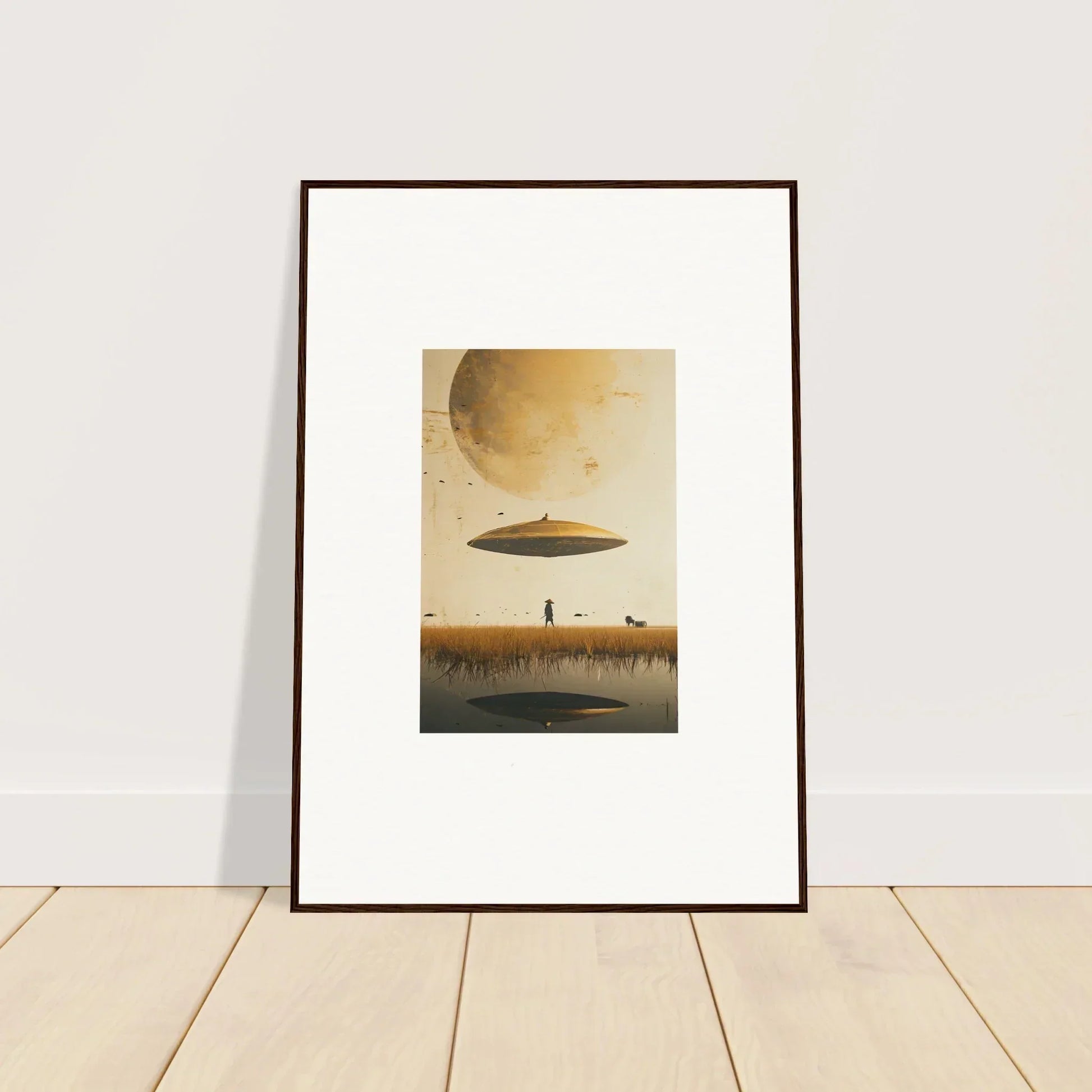 Surreal desert wall art featuring UFO and figure, perfect for Moon Havinpierson room decor