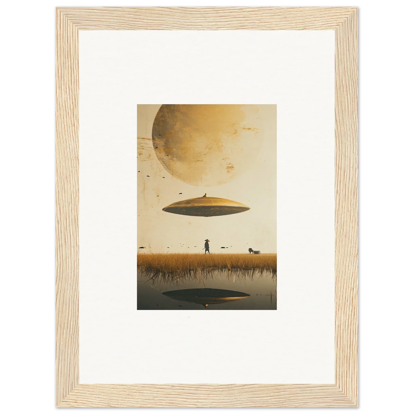 Framed wall art of a UFO over a barren landscape, perfect for Moon Havinpierson room decor