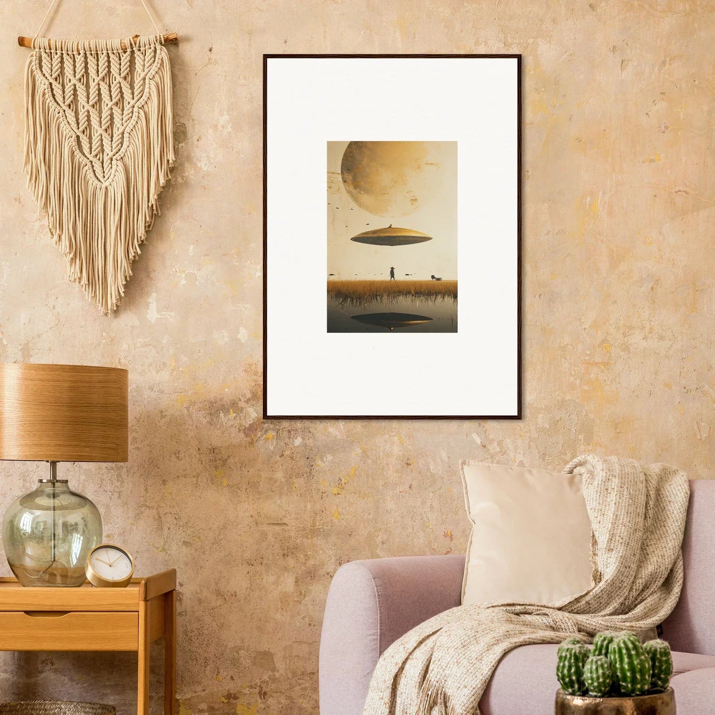 Framed surrealist UFO artwork over a barren landscape, ideal room decor by Moon Havinpierson